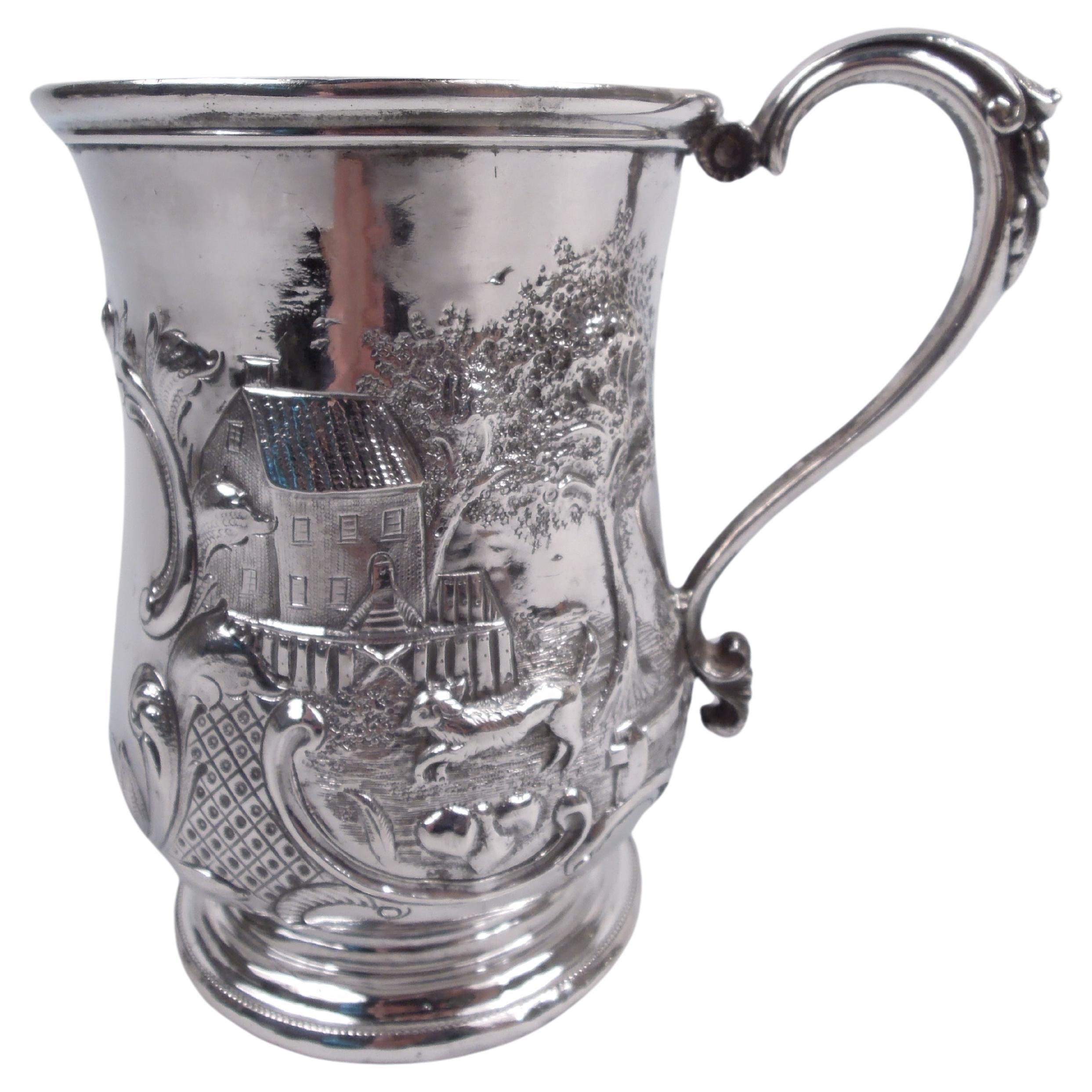 Ball, Black Classical Coin Silver Christening Mug with Rural Idyll For Sale