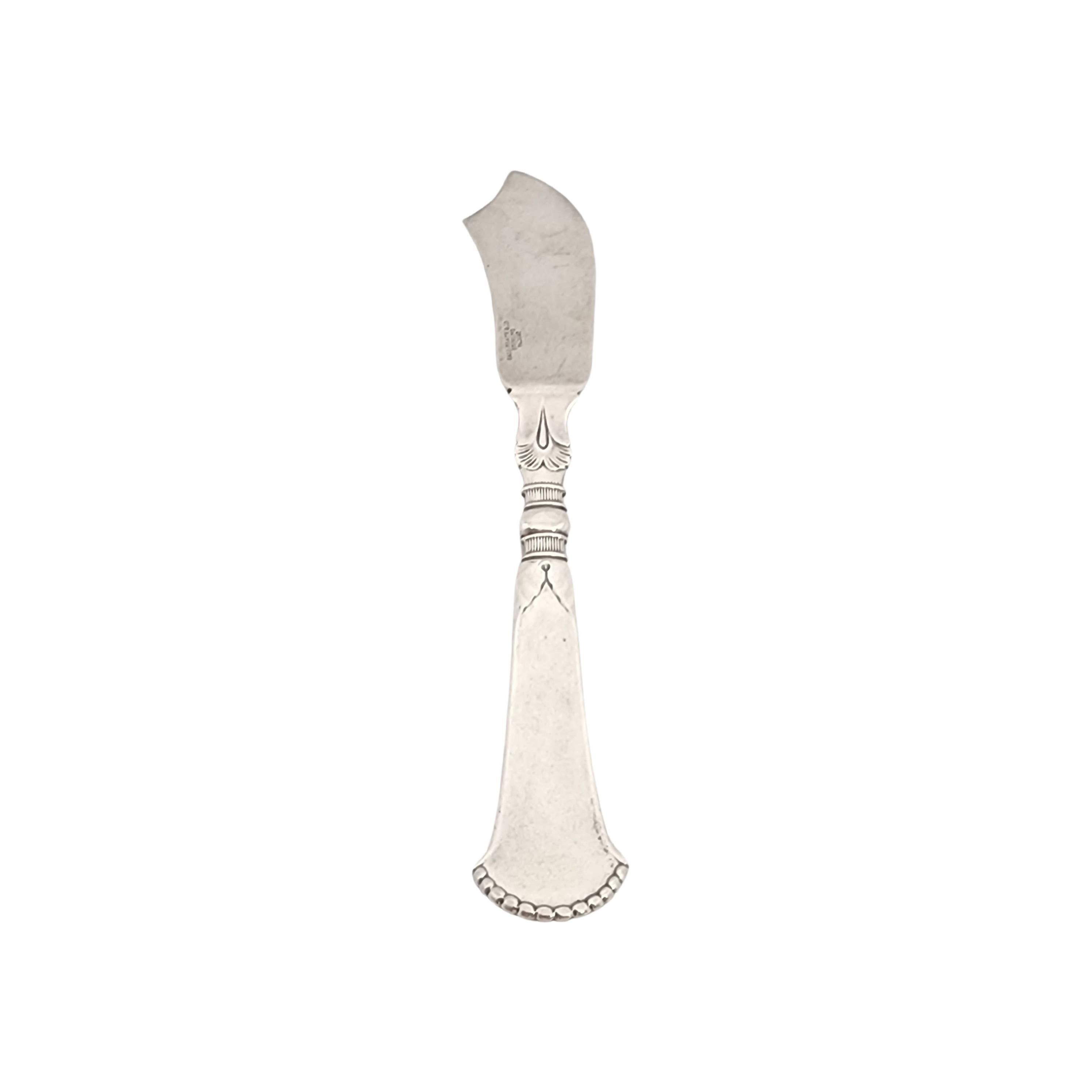 Sterling silver master butter knife in the Osiris pattern by John Wendt for Ball Black & Co.

No monogram

The Osiris pattern features a lined handle with a fan edge, designed by John Wendt, circa 1870.  This master butter knife features a beautiful