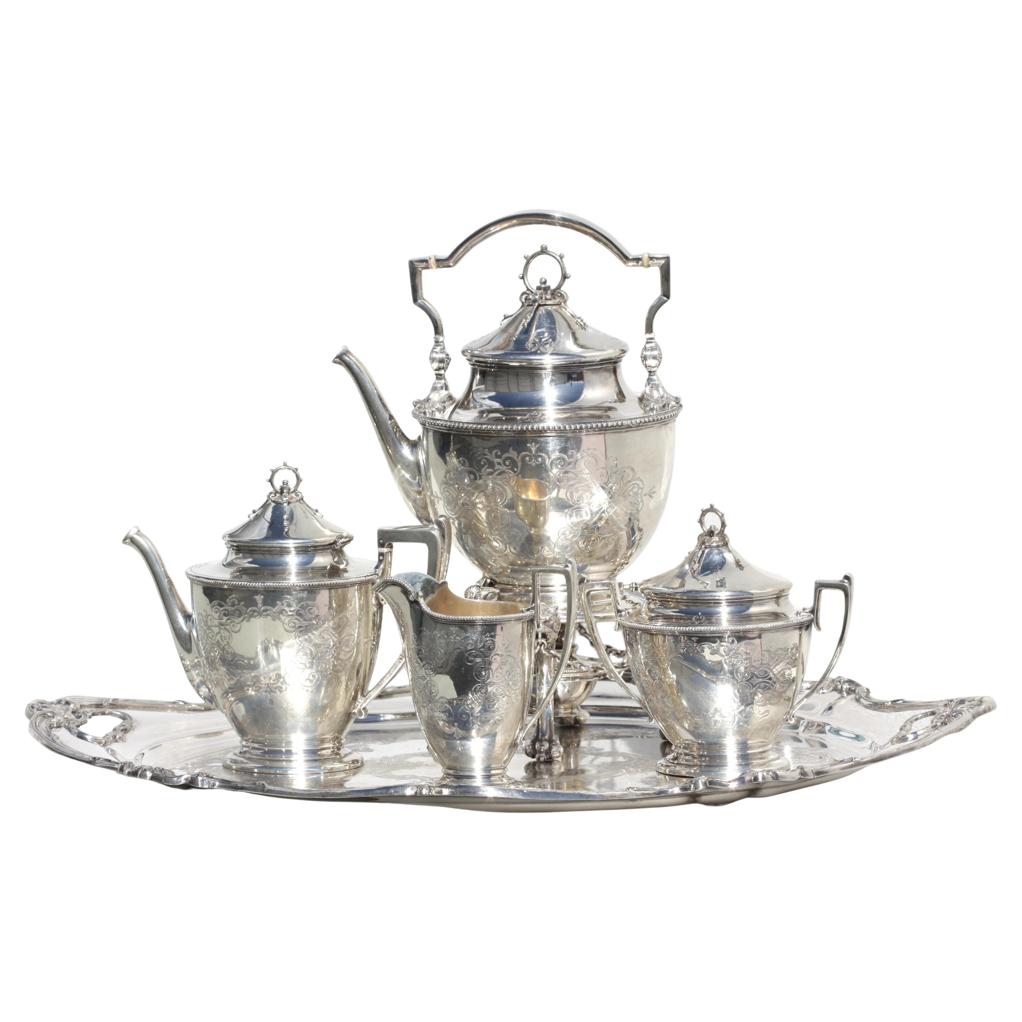 Ball Black 
Co. Sterling Four-Piece Tea Service, w/a Gorham EPNS Tray For Sale