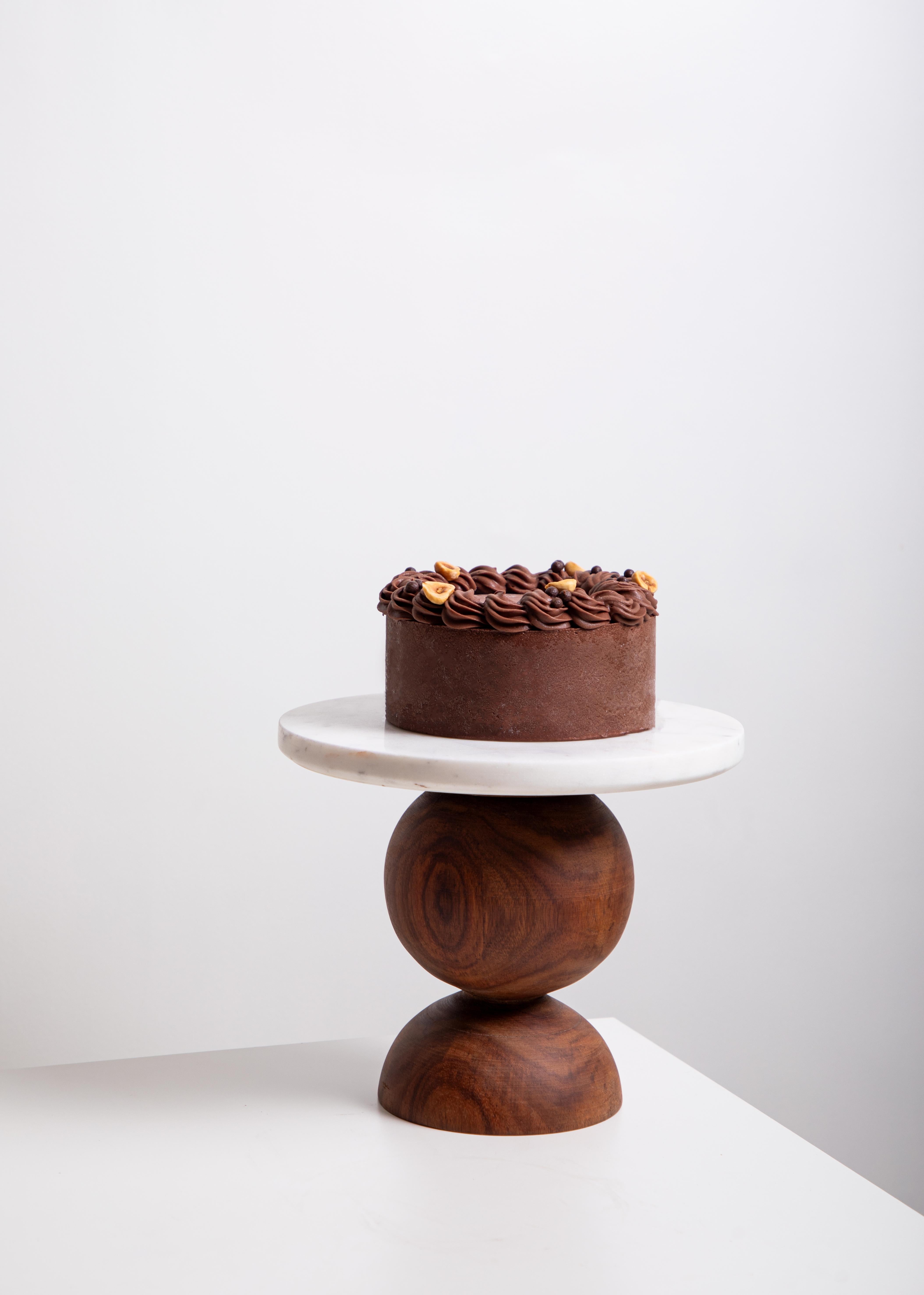 Hand-Crafted Objectry Ball Cake Set – Modern Marble & Wood Cake Stand with Knife & Server For Sale