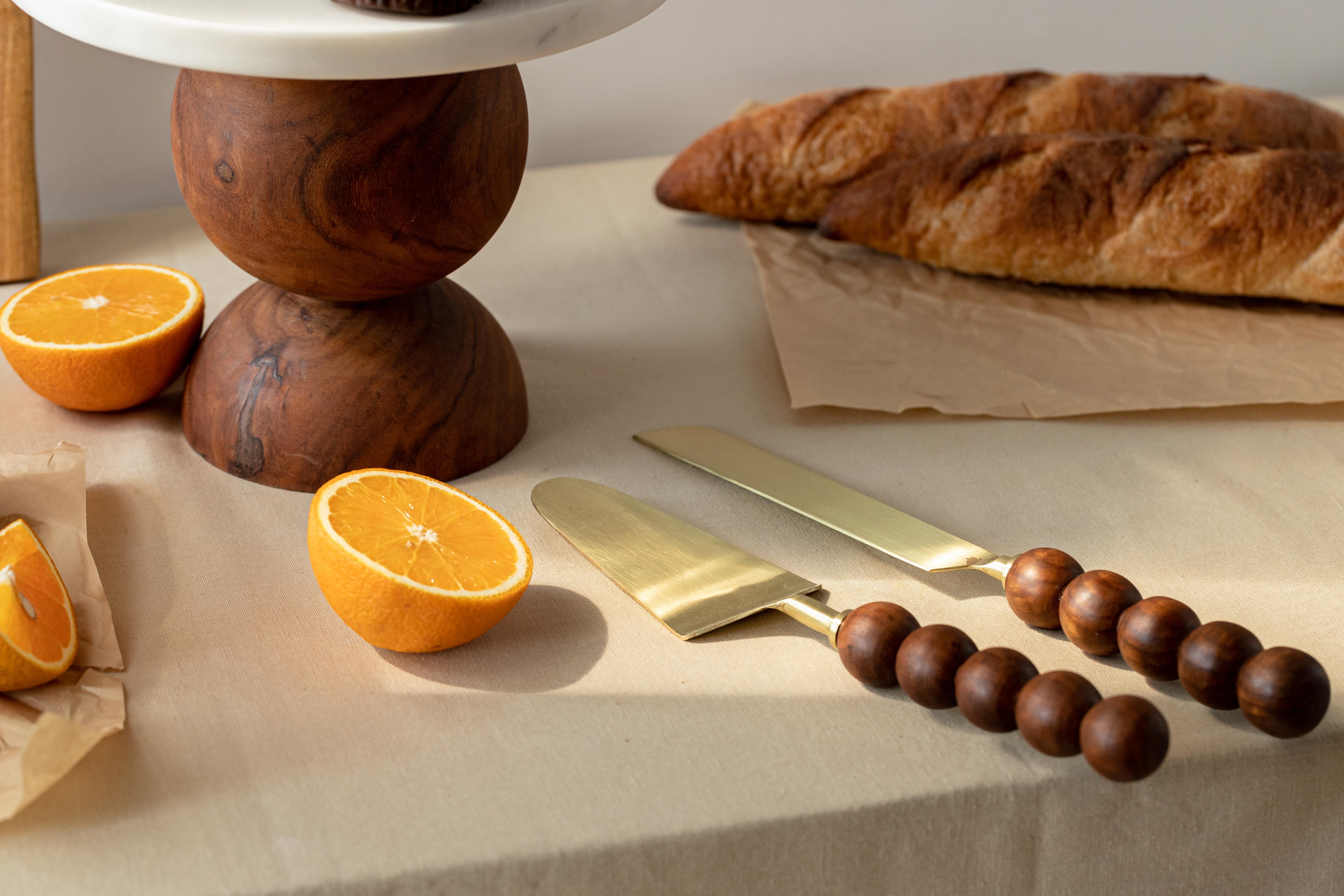 Contemporary Objectry Ball Cake Set – Modern Marble & Wood Cake Stand with Knife & Server For Sale