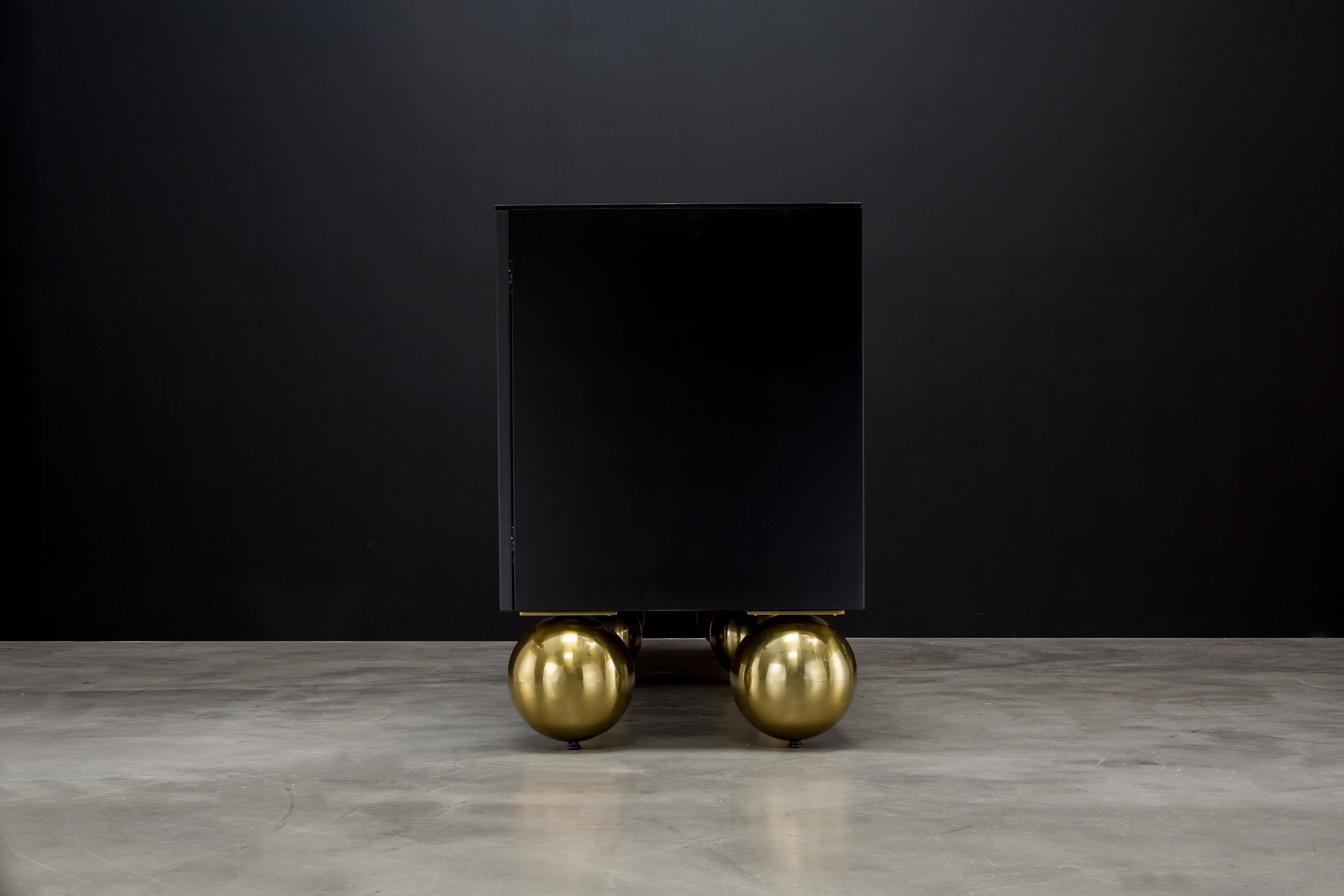 American BALL CREDENZA XTRA - Modern Black Lacquer with Metal Inlay and Metallic Legs
