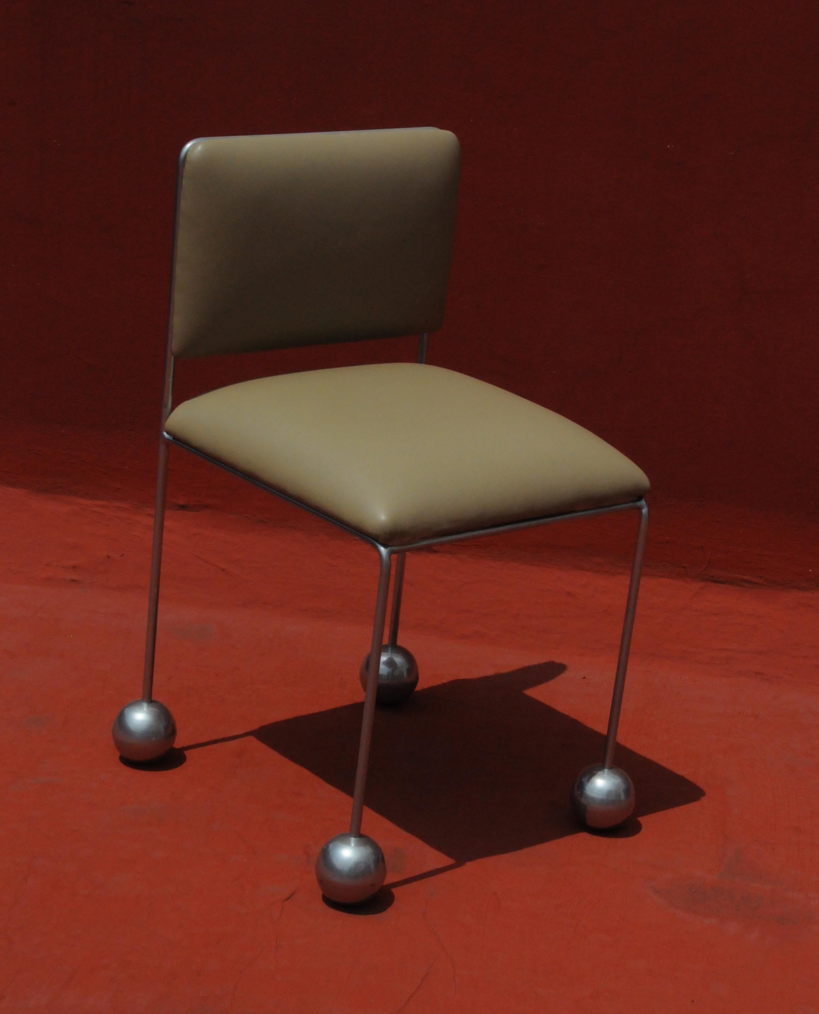 Steel Ball Foot Sculptural Chair, Vegan Cactus Leather, Gray For Sale