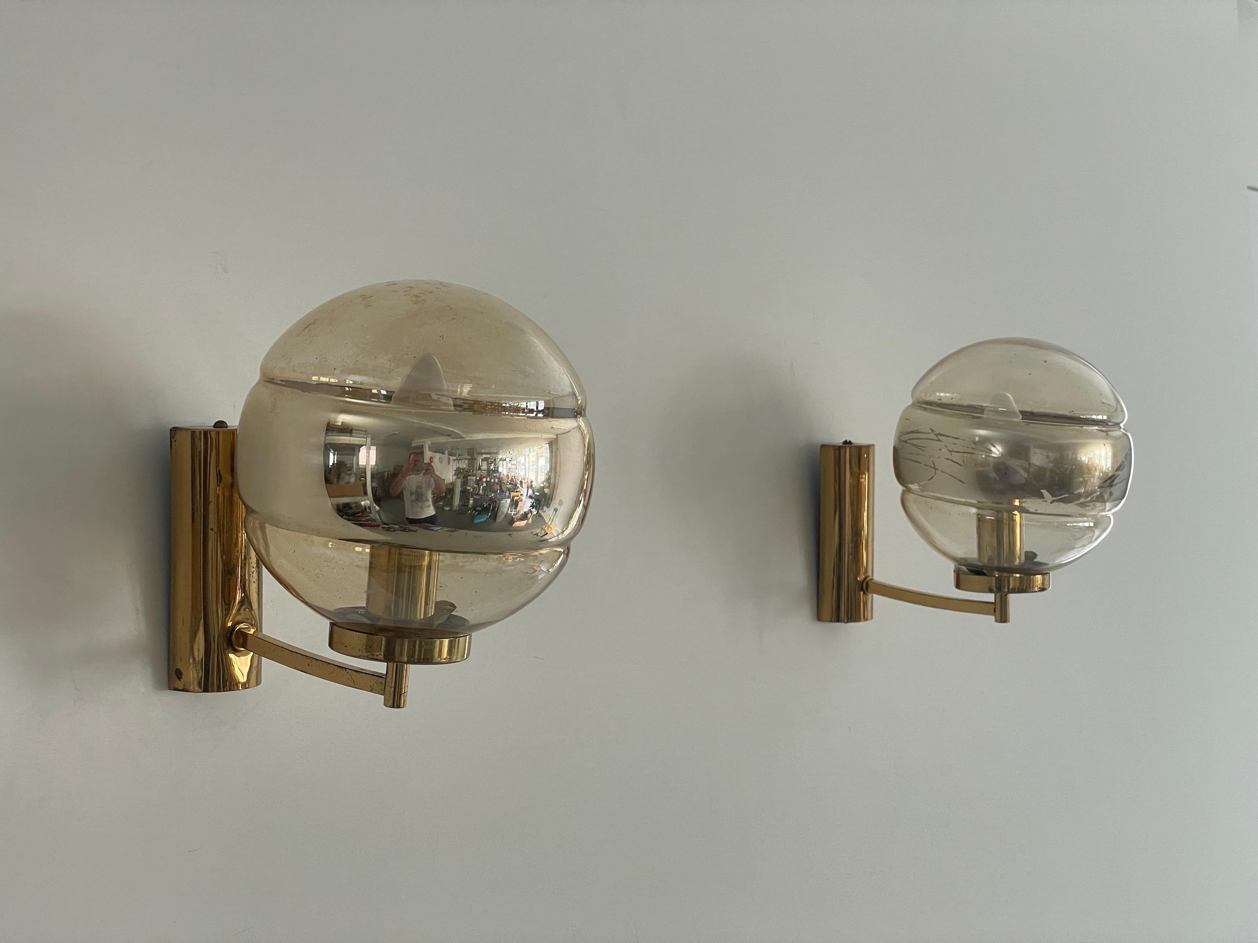 Space Age Ball Glass and Brass Body Pair of Sconces by Peill und Putzler, 1960s, Germany For Sale