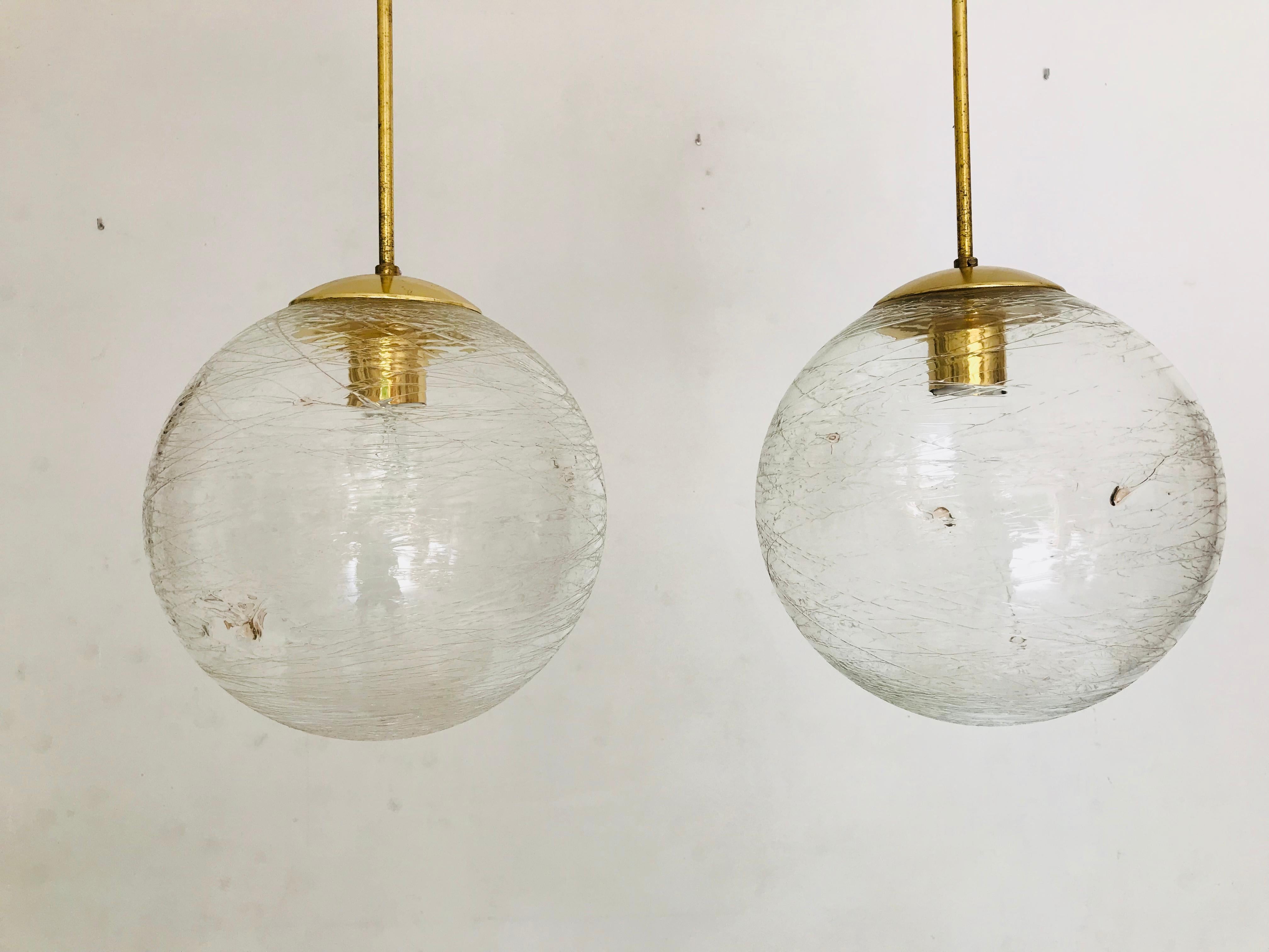Mid-Century Modern Ball Glass Chandelier with Brass For Sale