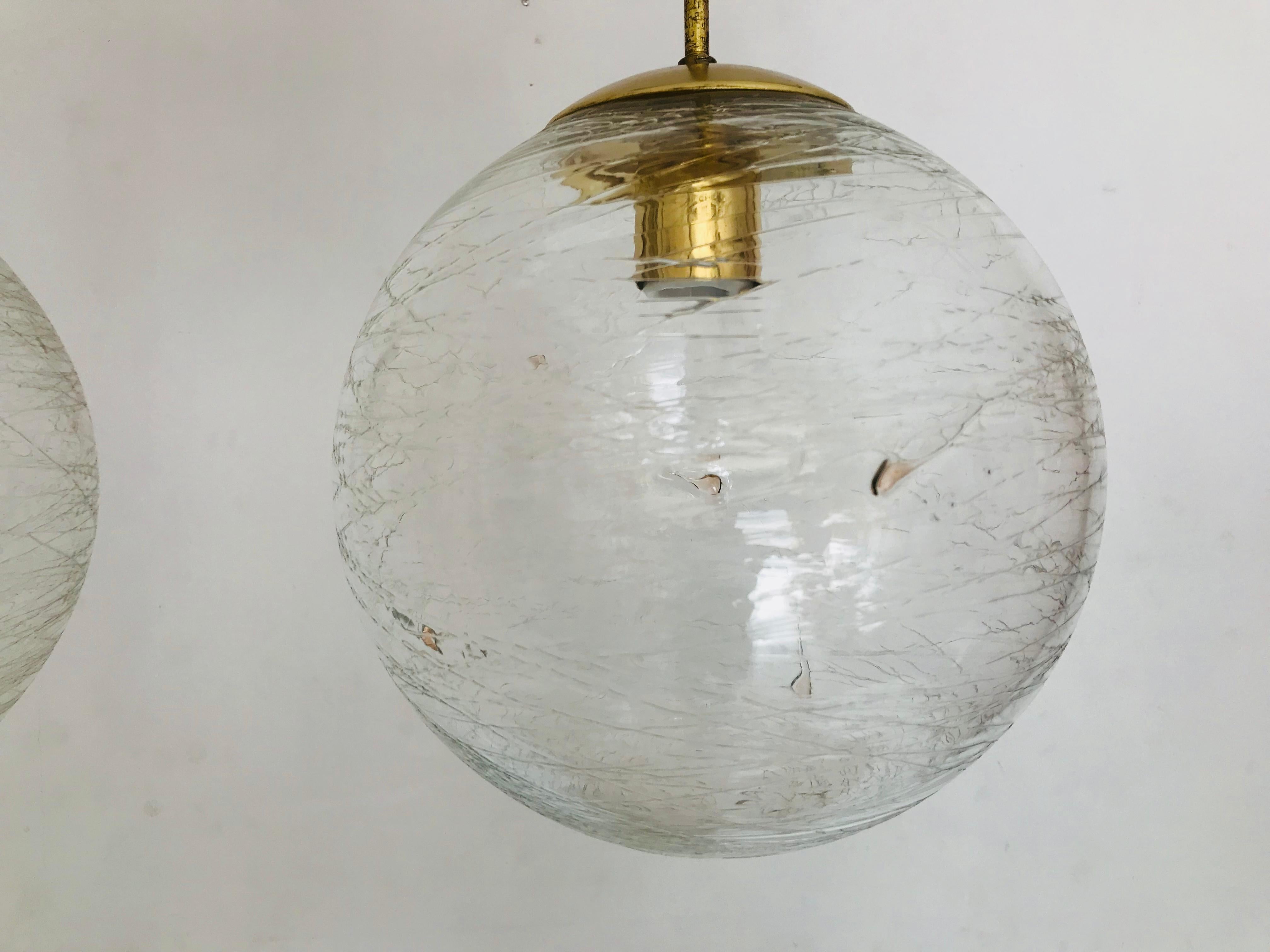 Ball Glass Chandelier with Brass In Good Condition For Sale In Ceske Mezirici, CZ