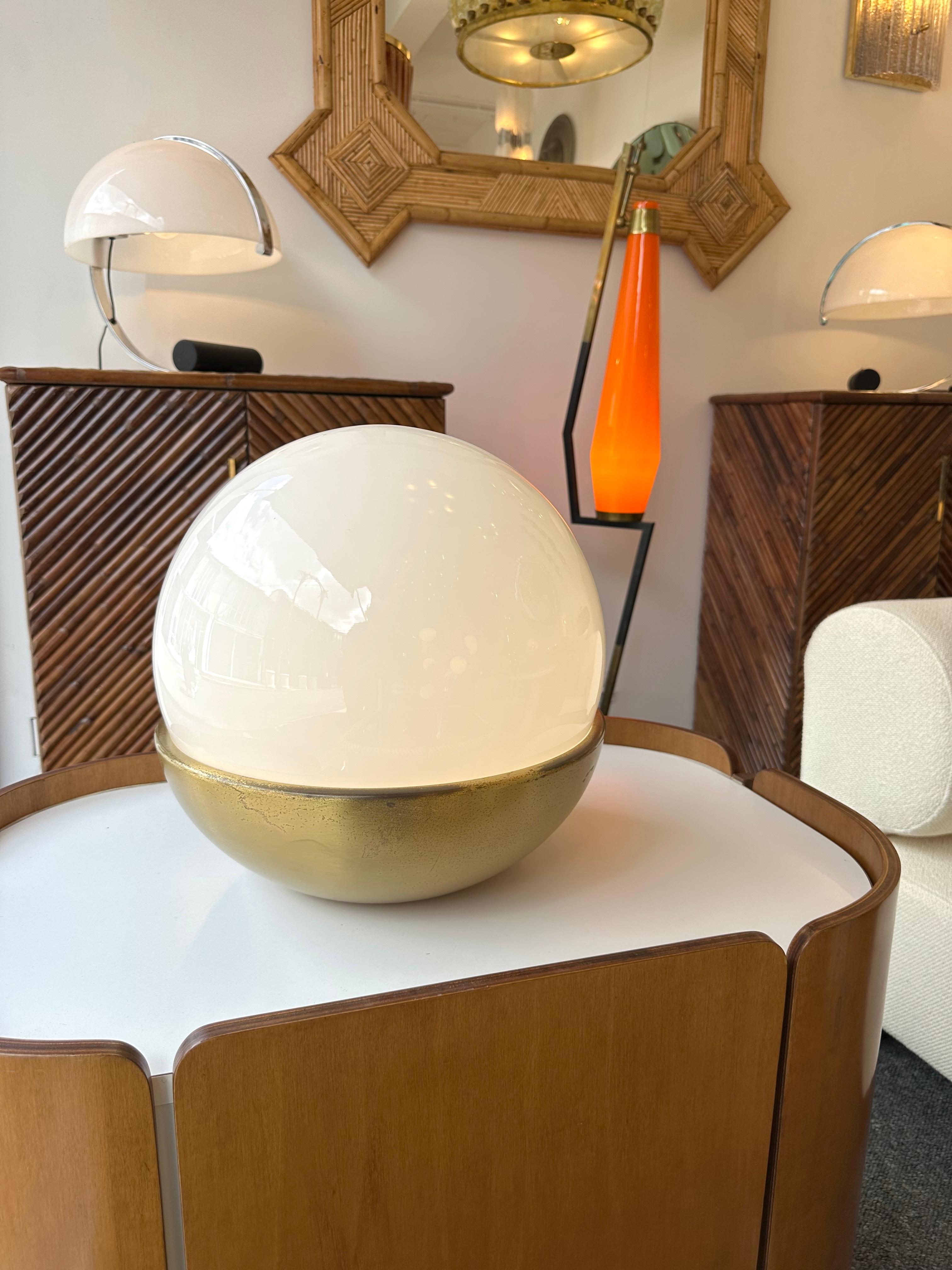 Mid-Century Modern Ball Lamp Brass and Opaline Murano Glass.  Italy, 1970s For Sale