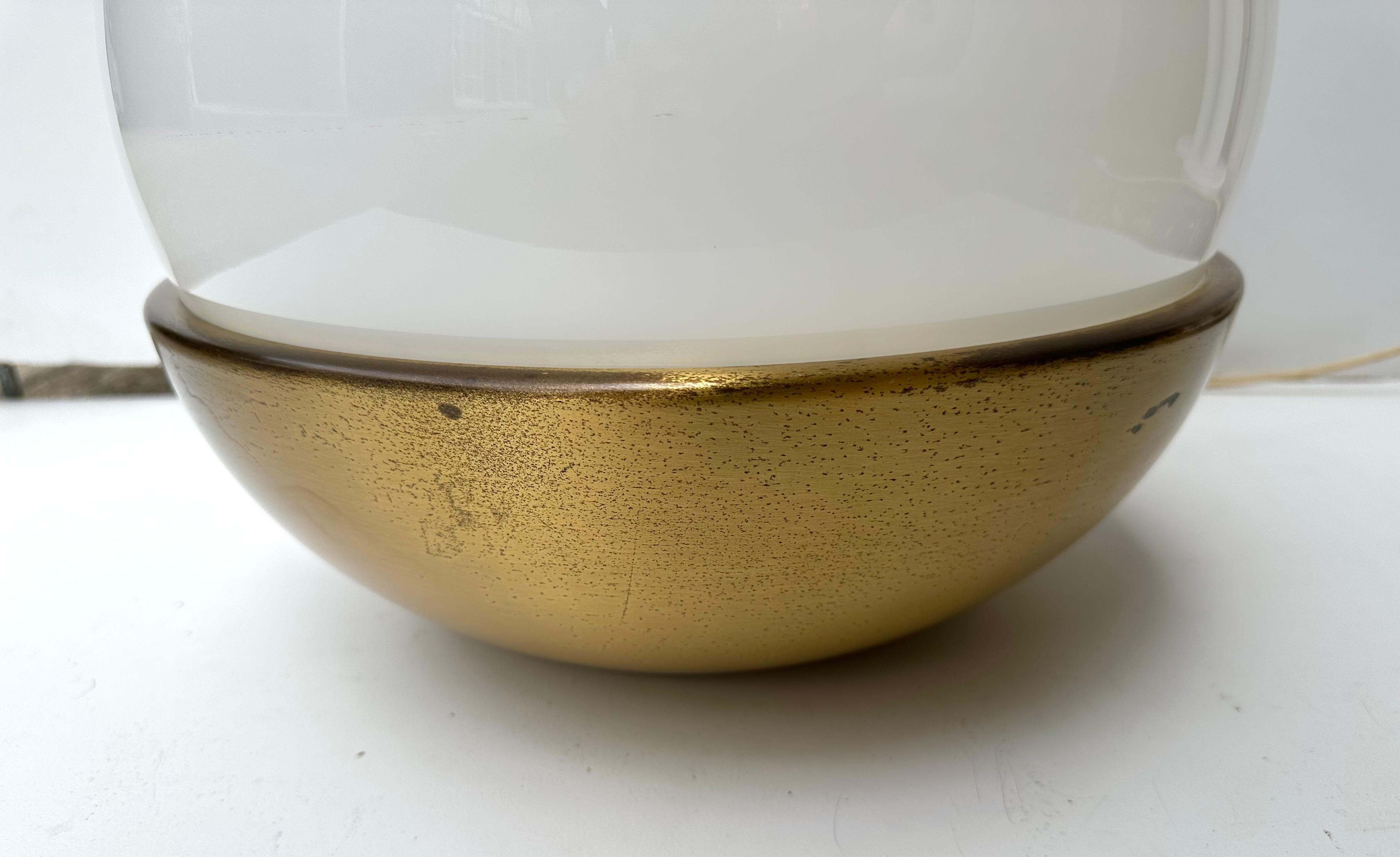 Italian Ball Lamp Brass and Opaline Murano Glass.  Italy, 1970s For Sale