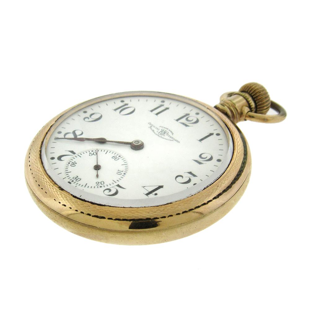 Yellow gold-filled rare Ball Watch Company gold-filled railroad watch, made by Hamilton in collaboration with Ball, circa 1905, 52mm in diameter, with engraved decorative back for the BLE, Brotherhood of Locomotive Engineers, white enamel dial with