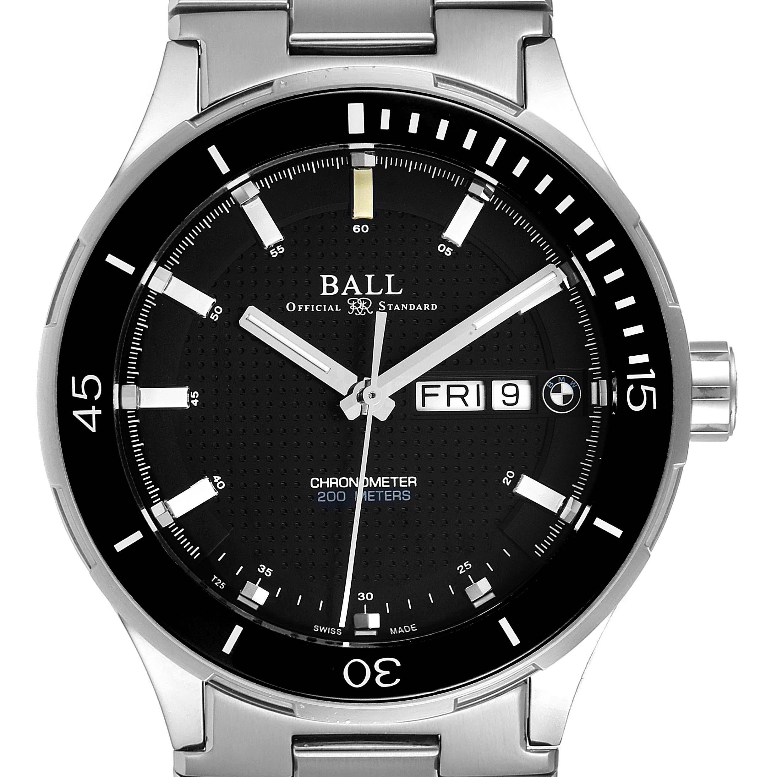 Ball Roadmaster BMW Timetrekker Black Dial Steel Mens Watch DM3010B. Automatic self-winding movement. Officially certified Swiss chronometer (COSC). Stainless steel case 44.0 mm in diameter.Transparent exhibition sapphire crystal case back. BMW logo