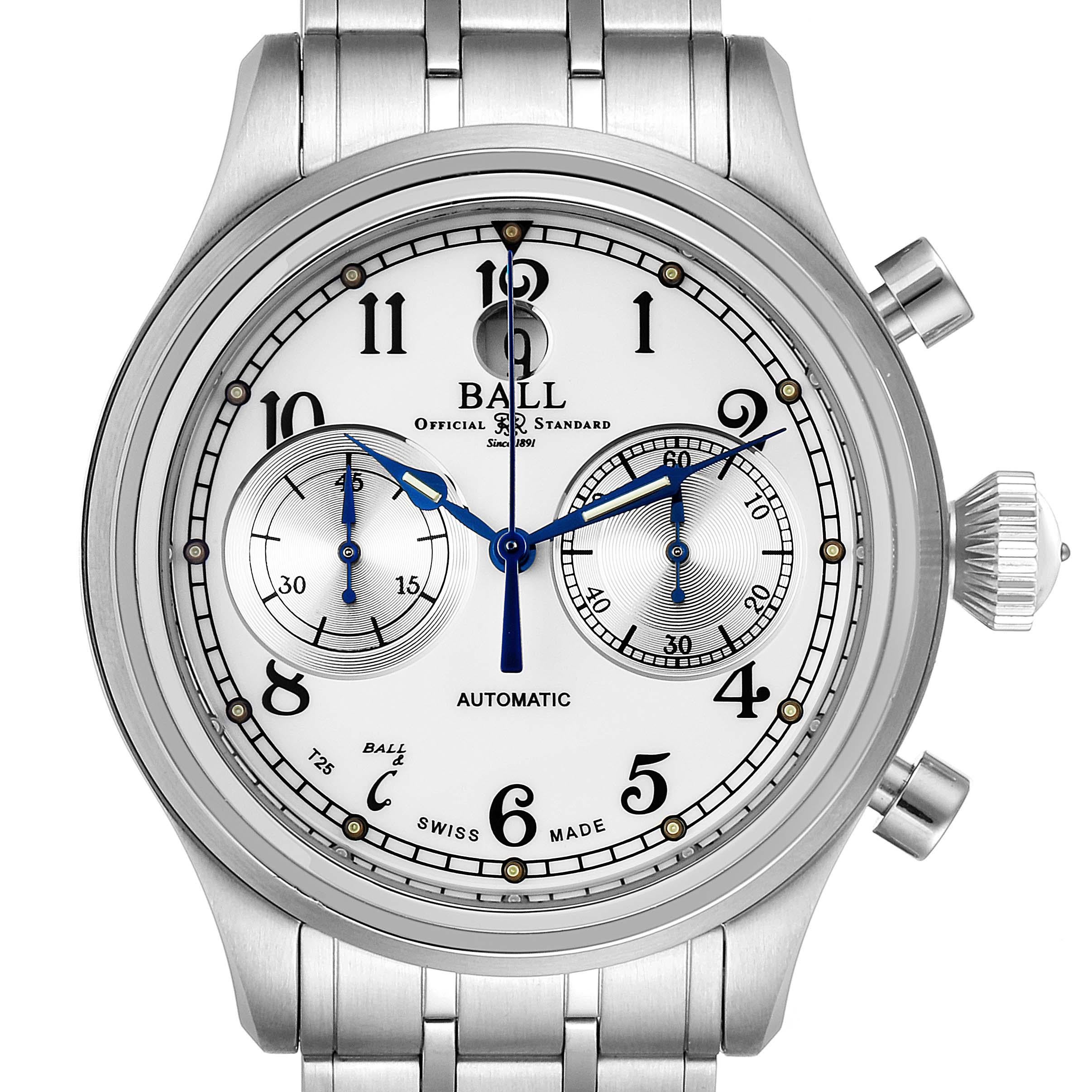Ball Trainmaster Cannonball Chronograph Steel Mens Watch CM1052D Card. Automatic self-winding chronograph movement. Anti-shock springlock system. Stainless steel case 43.0 mm in diameter. Exhibition transparrent sapphire crystal case back. Stainless
