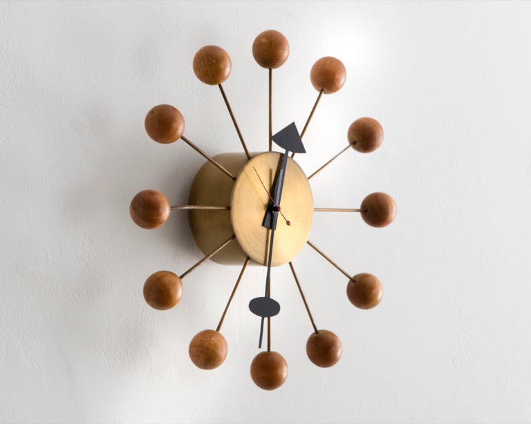 Modern Ball Wall Clock No. 4755 in Brass, Steel and Maple Wood, 1948-1950