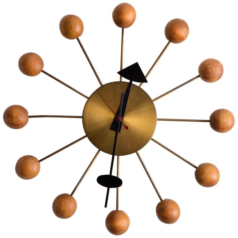 Ball Wall Clock No. 4755 in Brass, Steel and Maple Wood, 1948-1950