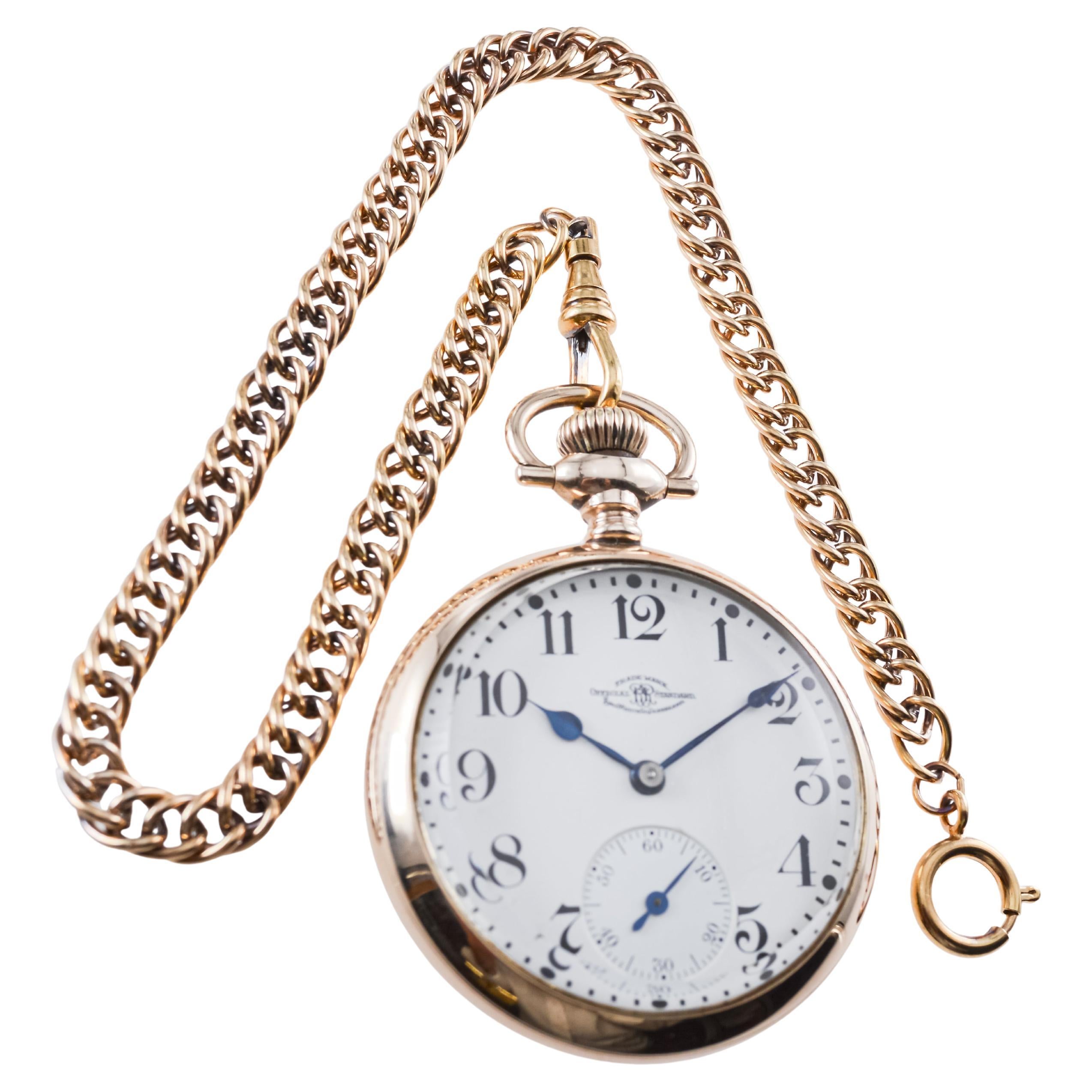 FACTORY / HOUSE: Ball Watch Co.
STYLE / REFERENCE: Open Faced High Grade Railroad Pocket Watch / 
METAL / MATERIAL: Yellow Gold Filled  / Screw Off Bezel and Case  Back
CIRCA / YEAR: 1920's
DIMENSIONS / SIZE: Diameter 50mm
MOVEMENT / CALIBER: Manual