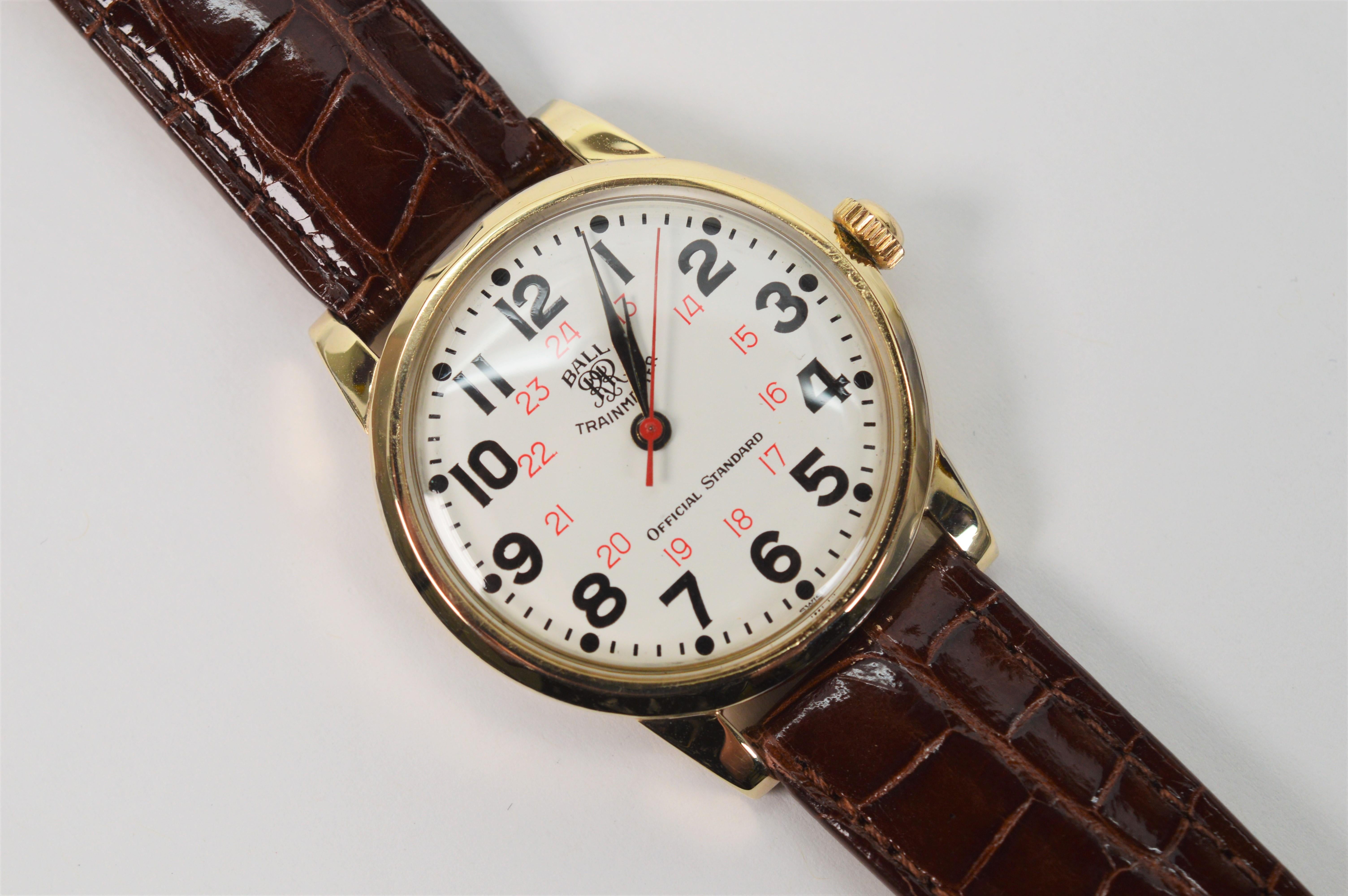 This 21 jeweled hand wound railroad chronometer by U.S. watchmaker Ball Watch Co. was specifically designed to comply with a conductor's  timekeeping requirement. The assured accuracy of the ETA 2821 movement and the easy to read white dial with