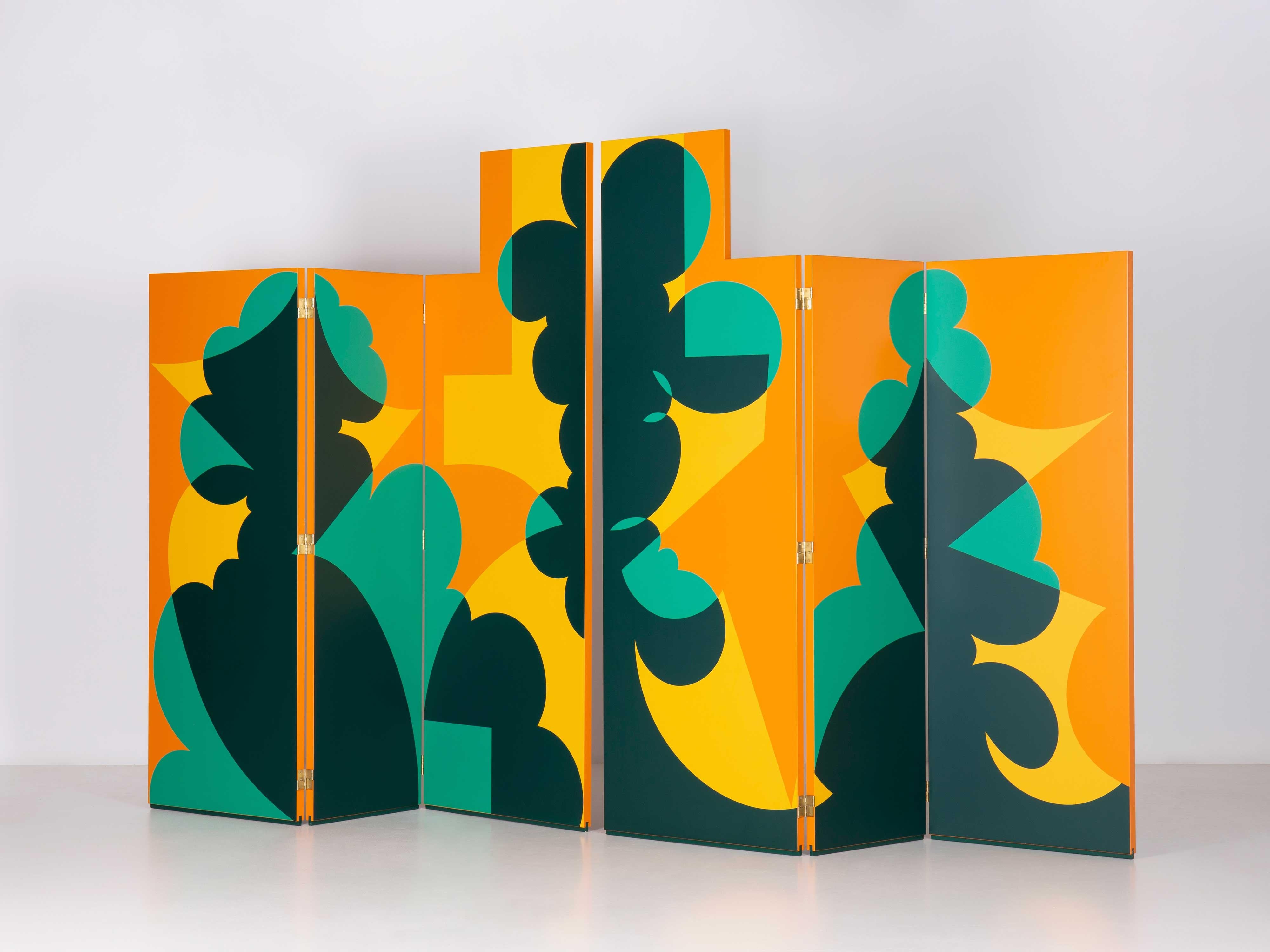 Folding screen realized based on a project designed by Giacomo Balla in 1916-18. Multilayer wood structure. Set composed by two pieces, each with three panels linked with folding hinges. Silk-screen printing decoration (yellow, green, orange) on