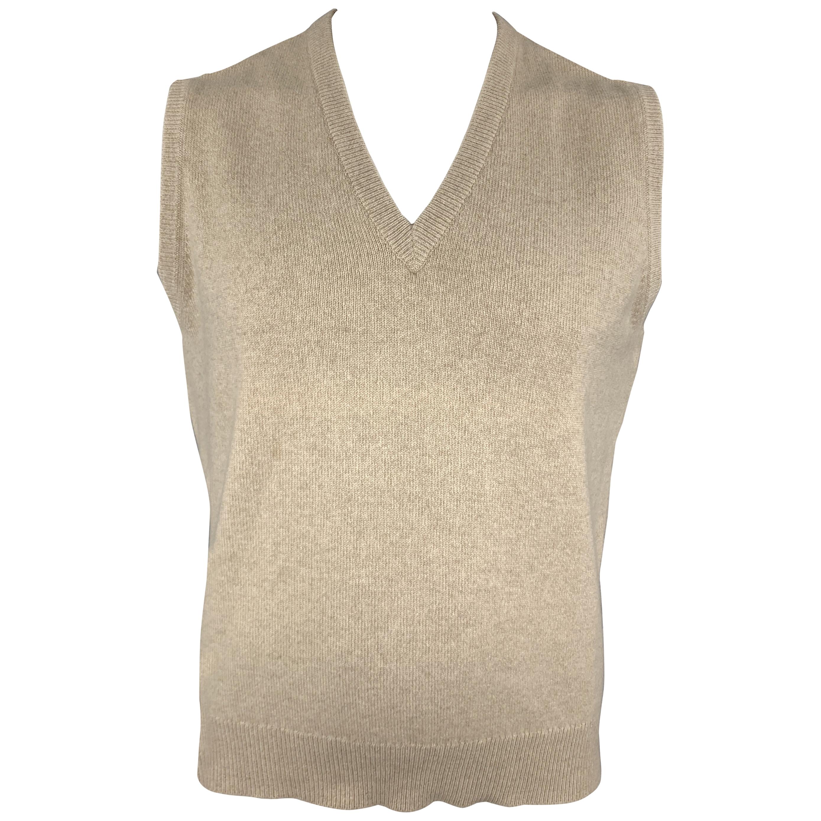 BALLANTYNE Size XL Oatmeal Cashmere V-Neck Sweater Vest