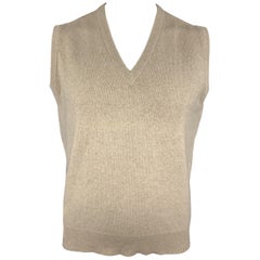 BALLANTYNE Size XL Oatmeal Cashmere V-Neck Sweater Vest