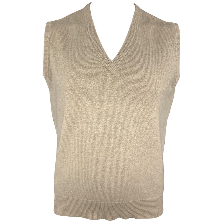 BALLANTYNE Size XL Oatmeal Cashmere V-Neck Sweater Vest at 1stDibs