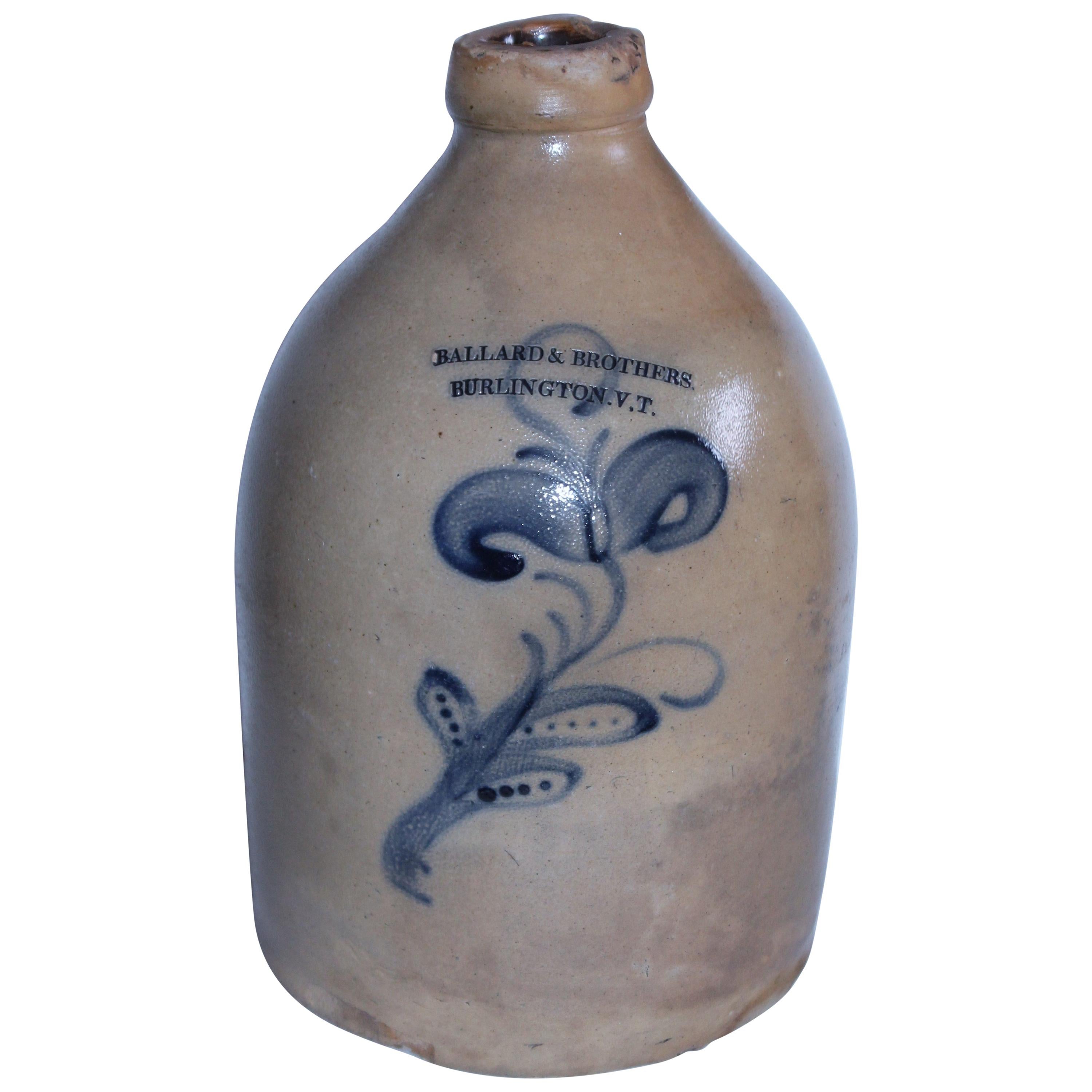 Ballard & Brothers / Vermont 1 Gal Decorated Stoneware Jug For Sale