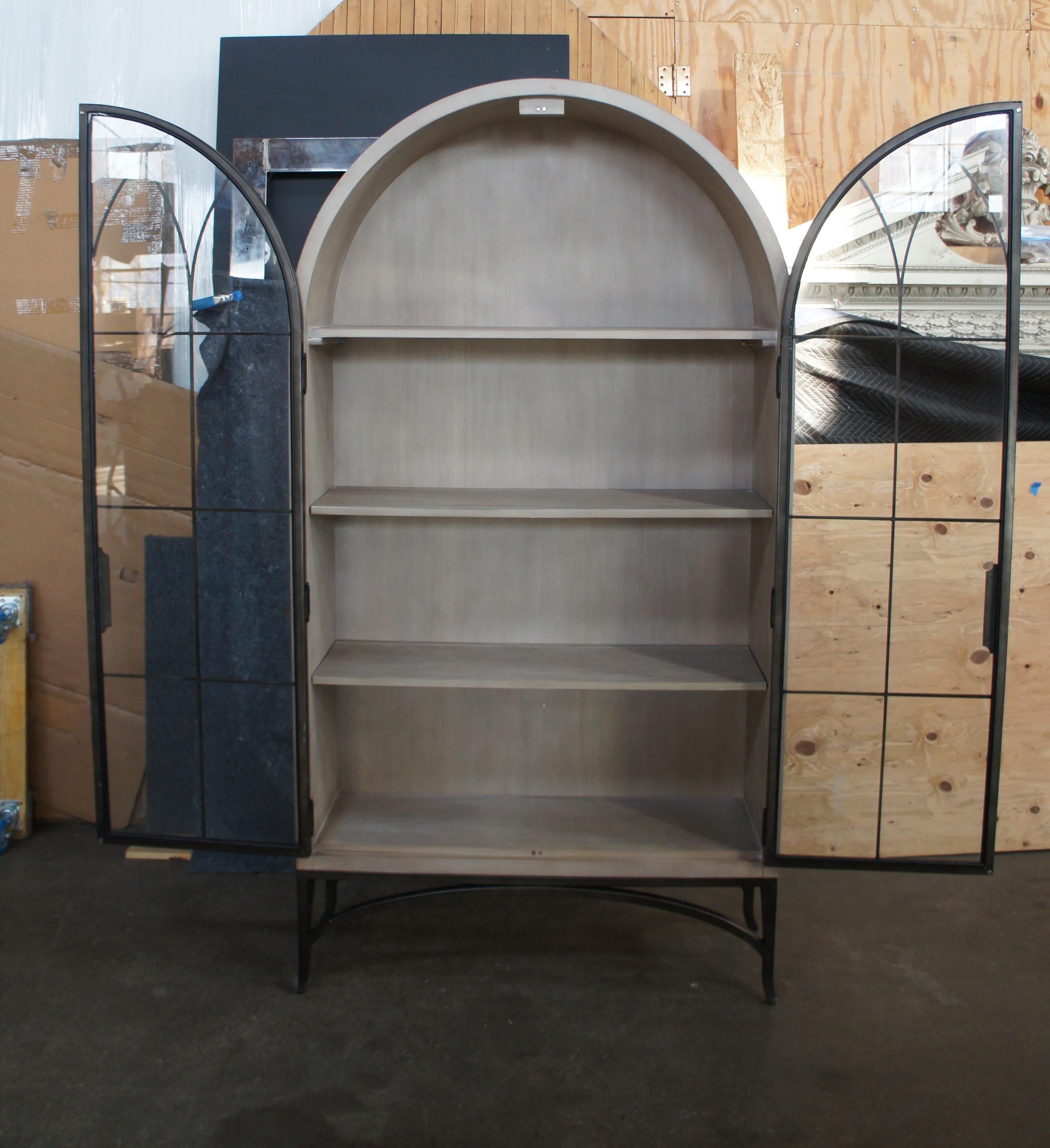 Ballard Designs Aris Glass Door Cabinet Modern Dome Oak Bookcase Curio Vitrine In Good Condition For Sale In Dayton, OH
