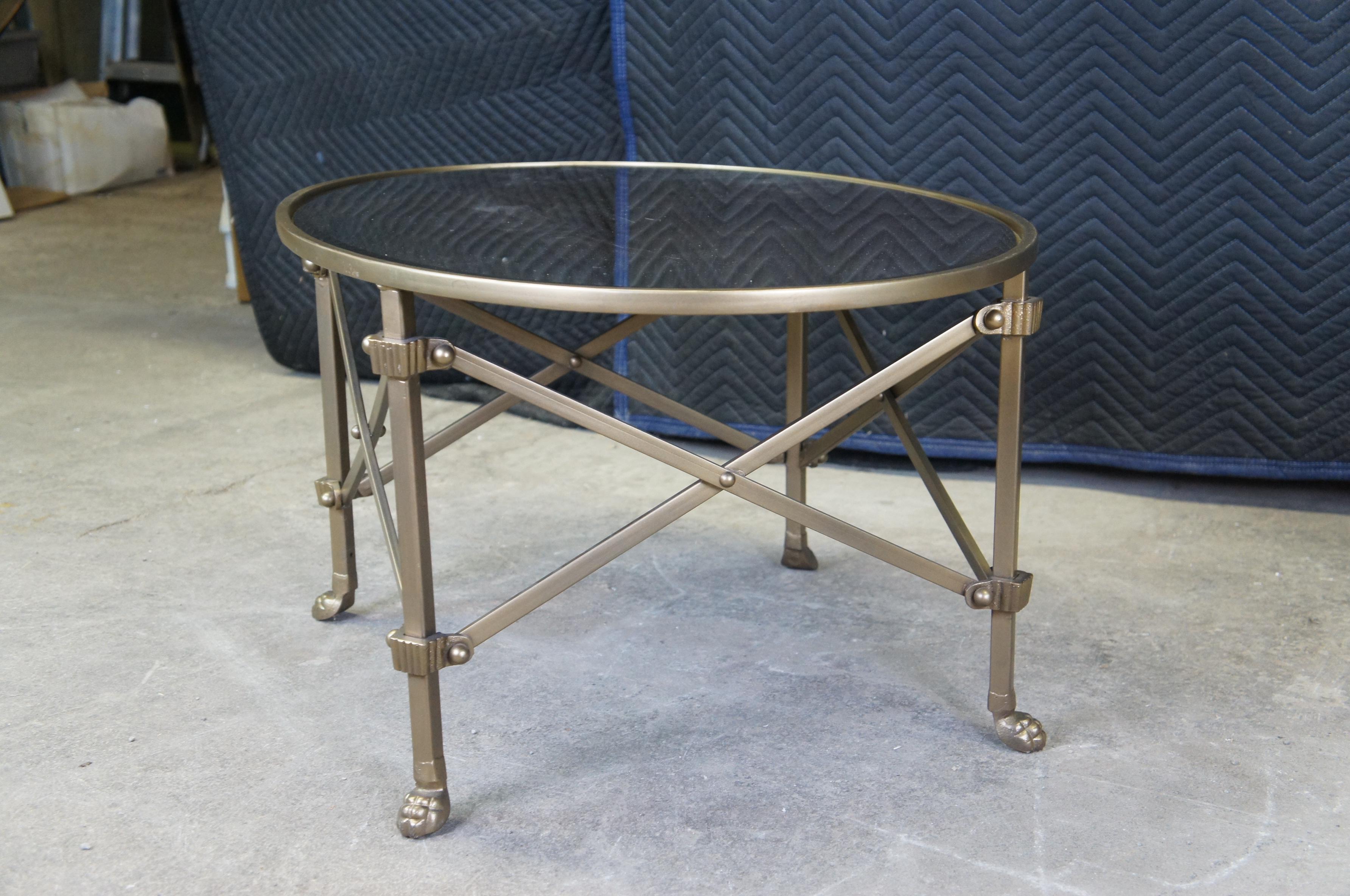 20th Century Ballard Designs Brass Oval Olivia Smoked Glass Mirror Coffee Cocktail Table