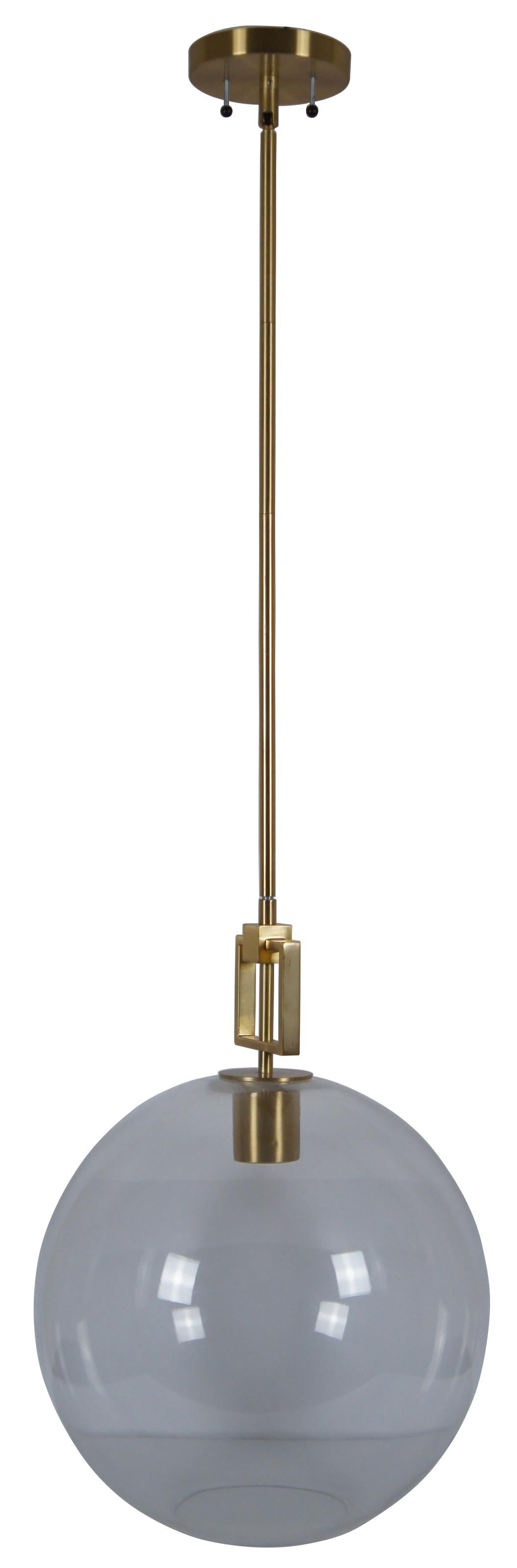 Ballard designs Fiona glass globe pendant ceiling fixture with geometric brass drop. Sleek industrial lines to lighten and brighten your island, entry, bar or dining area.

Measures: Length of drop 32”.