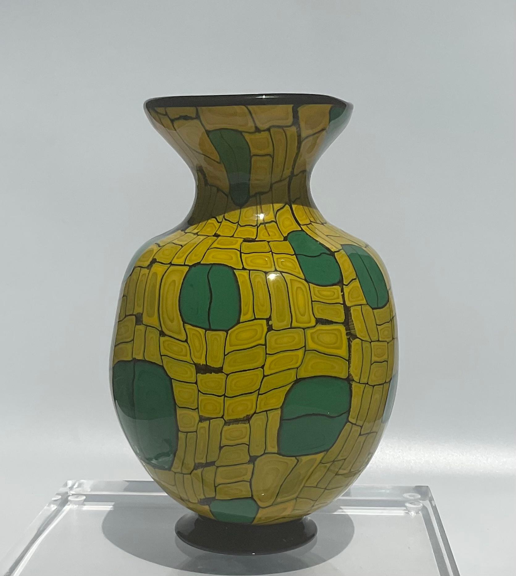 Italian Ballerin Murano Art Glass Vase Yellow Murrine Decorated Signed by the Artist For Sale