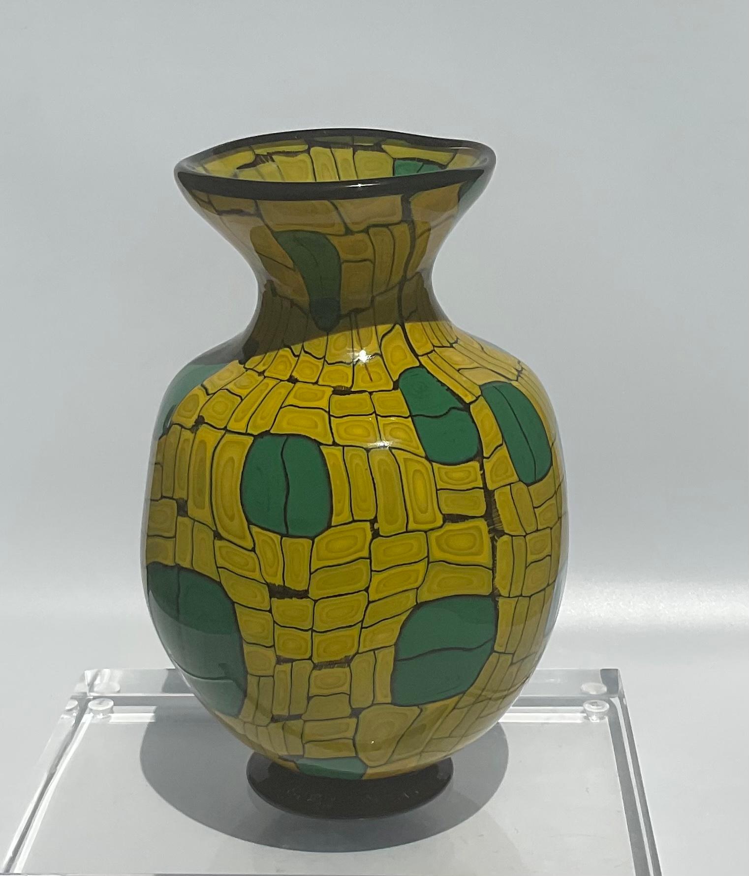Ballerin Murano Art Glass Vase Yellow Murrine Decorated Signed by the Artist In Good Condition For Sale In Ann Arbor, MI