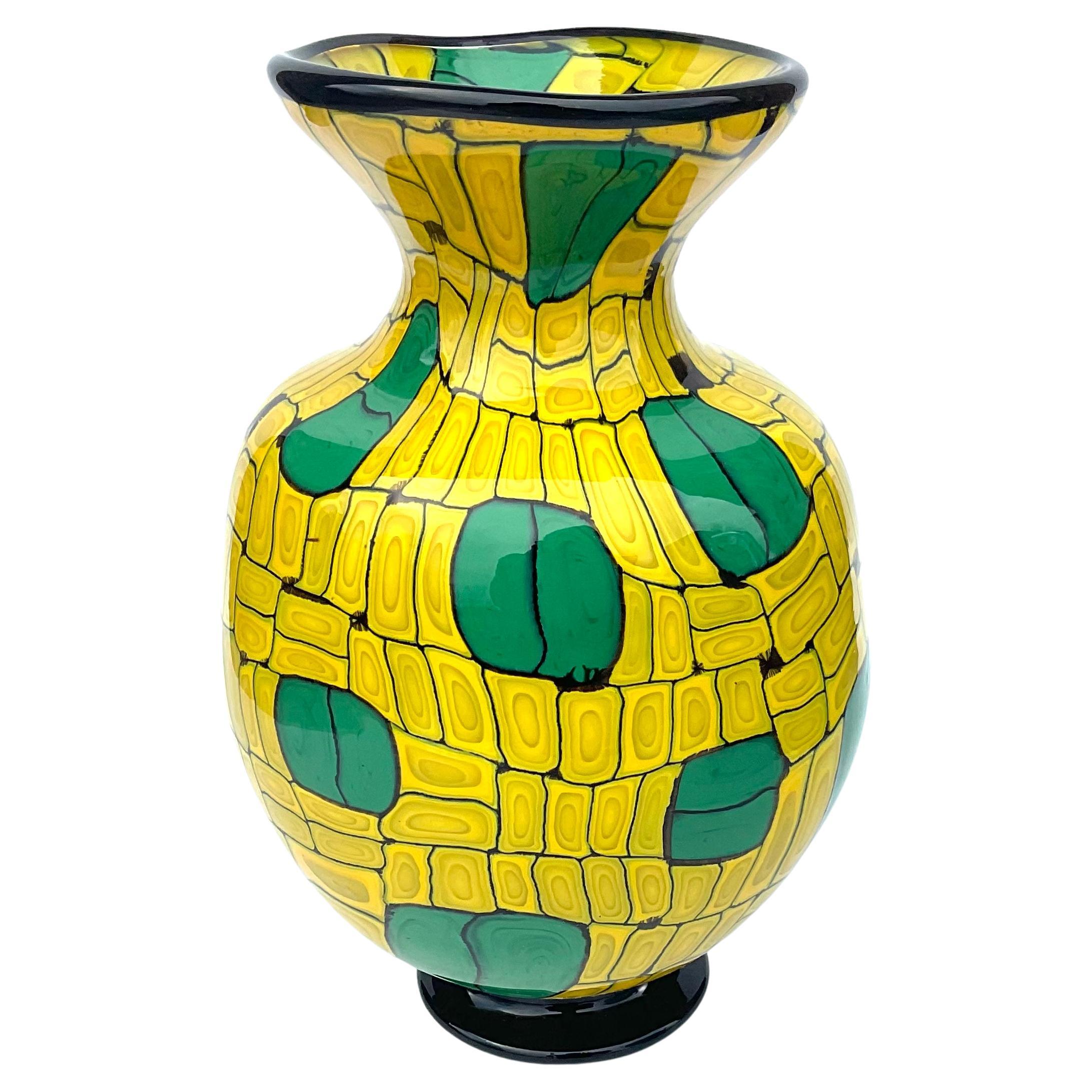 Ballerin Murano Art Glass Vase Yellow Murrine Decorated Signed by the Artist For Sale