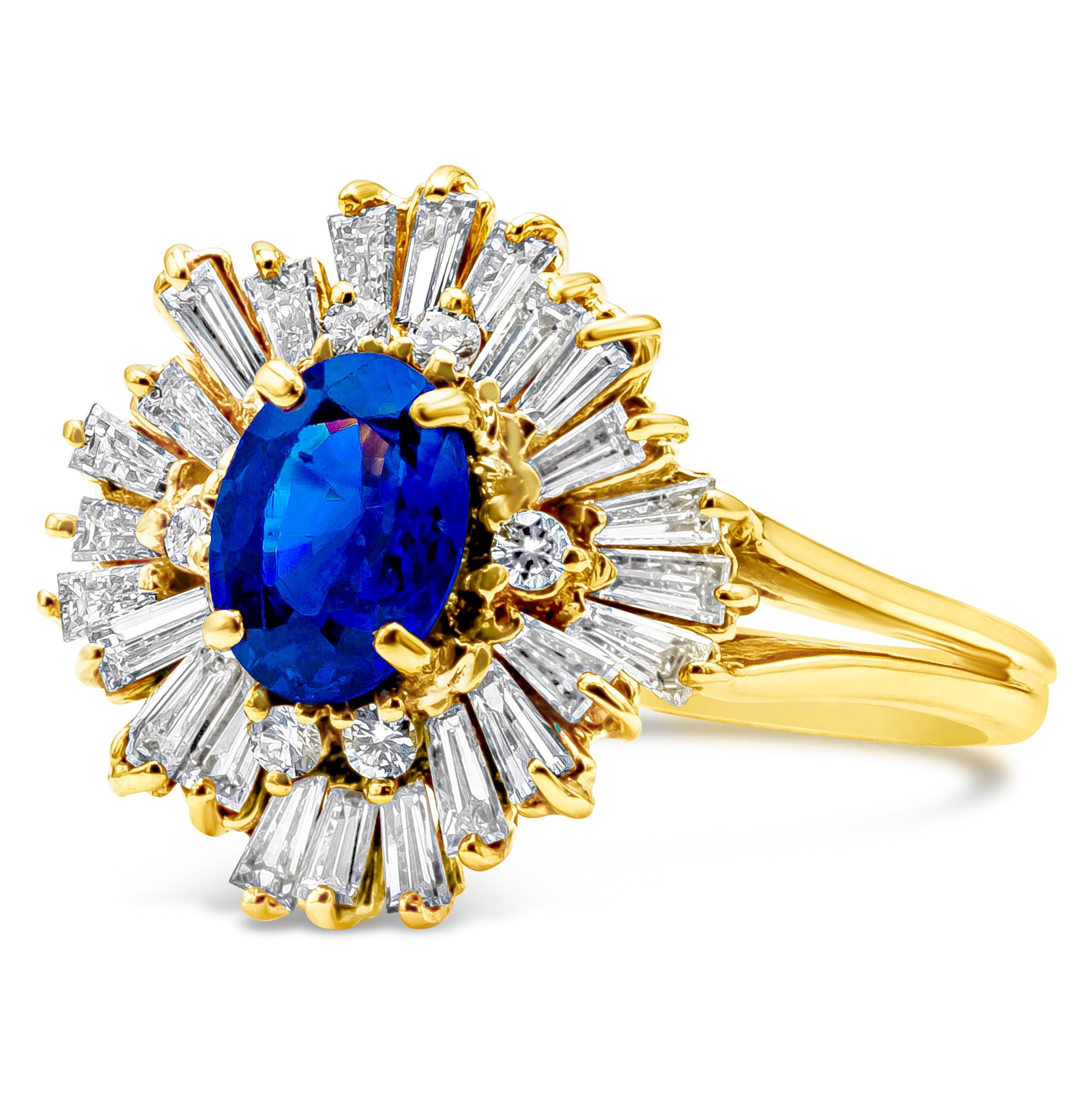 Features a color-rich oval cut blue sapphire weighing 1.17 carats cluster fashion ring, surrounded with mix of baguette and round diamonds weighing 1.59 carats total, G color and VS-SI in Clarity. Set in and finished in a semi - split shank 18K