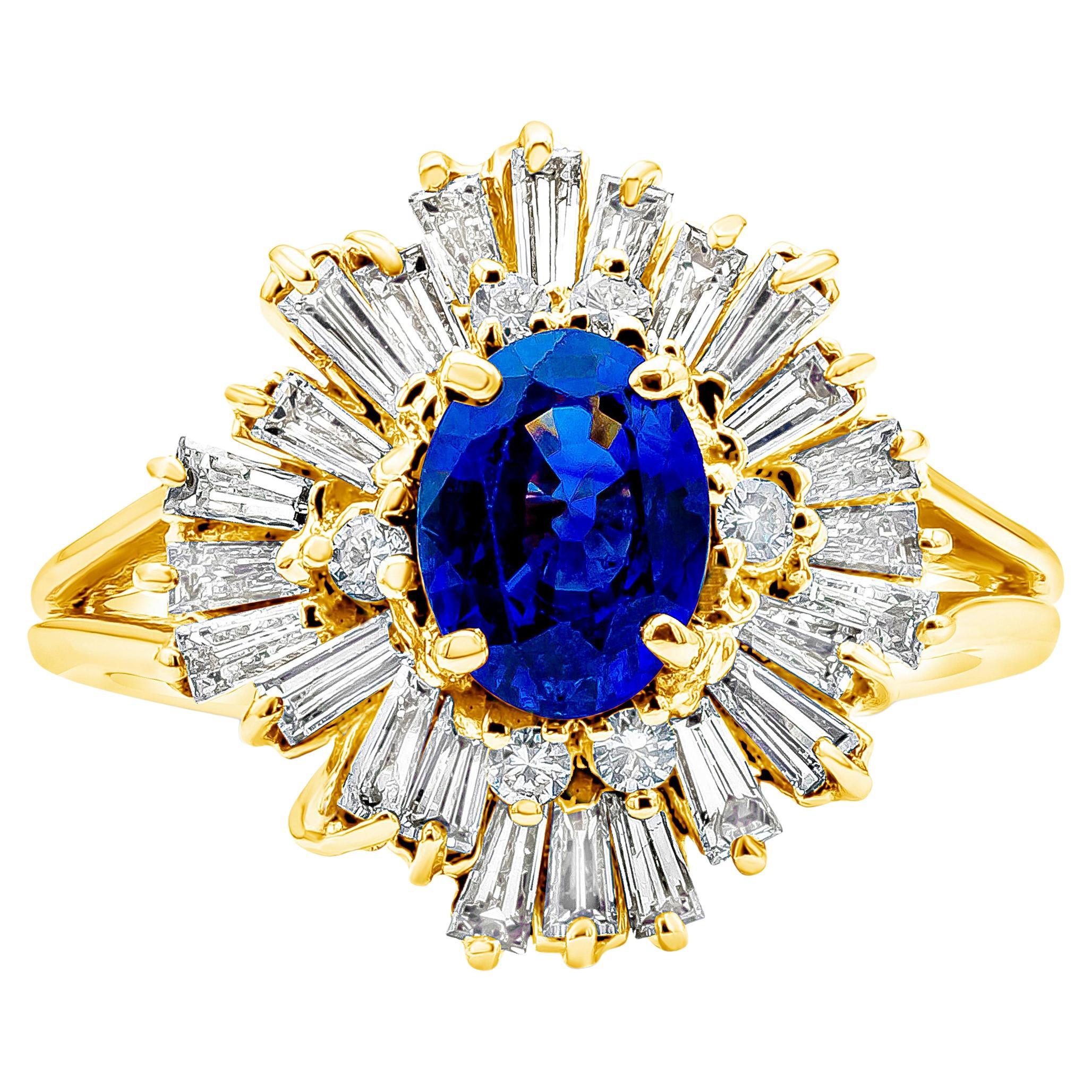 1.17 Carats Oval Cut Blue Sapphire with Mixed Cut Diamond Cluster Fashion Ring