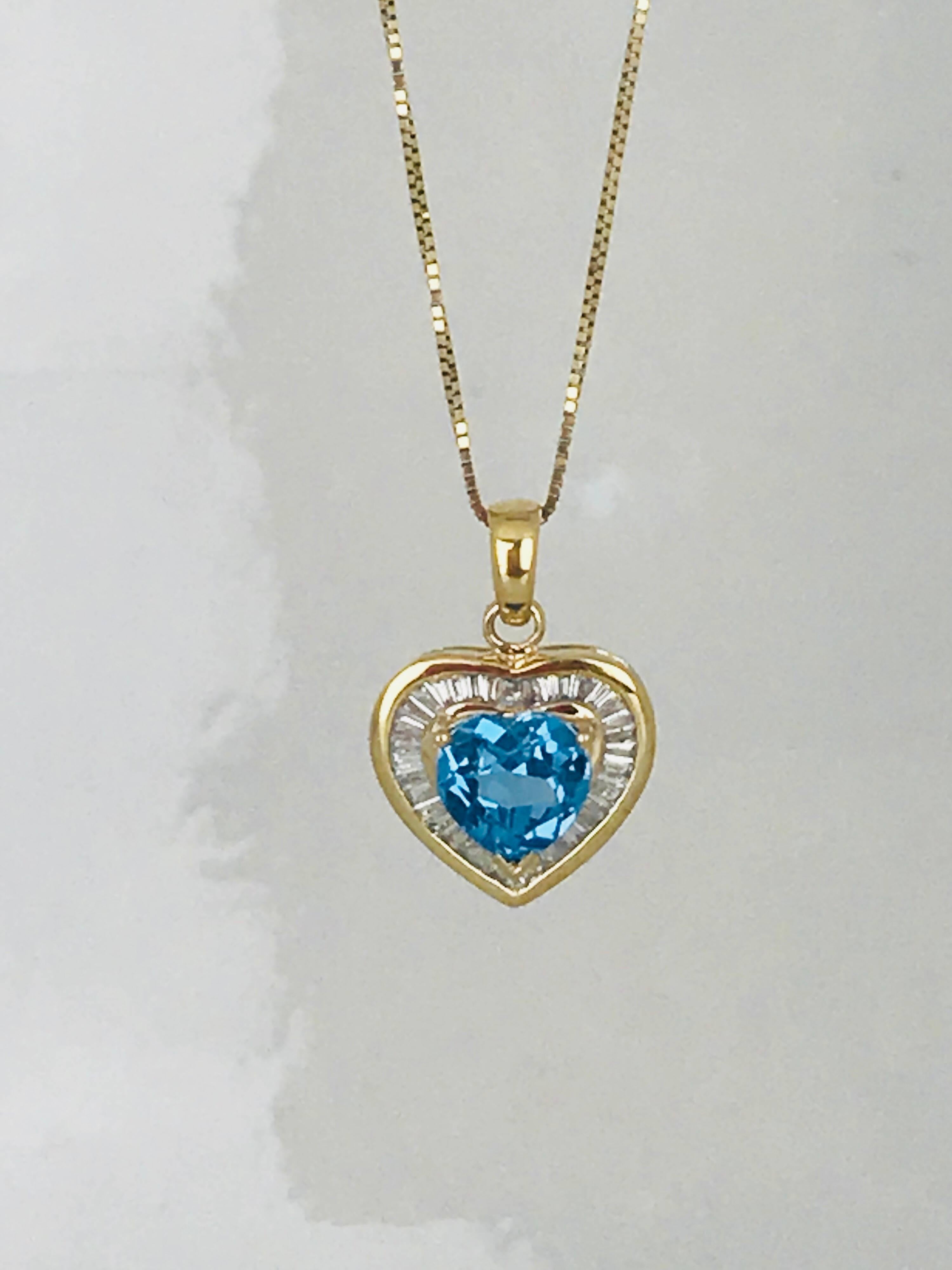 Contemporary Ballerina Baguette Diamond Heart, 14 Karat with Swiss, Heart Blue Topaz For Sale