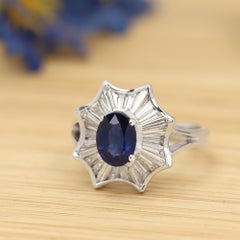 Ballerina Blue Sapphire Baguette Diamonds Ring Cocktail Ring Solid 18k Gold