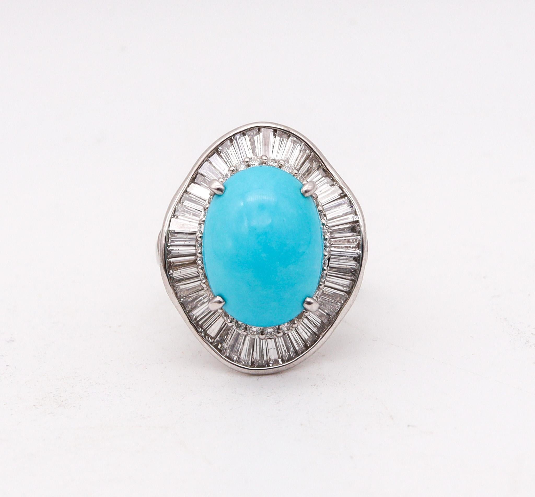Classic ballerina turquoise cocktail ring.

Beautiful and elegant ring, created during the modernist period, back in the 1970. This gem set classic ballerina ring was carefully crafted with a wavy pattern in solid .900/.999 platinum and is