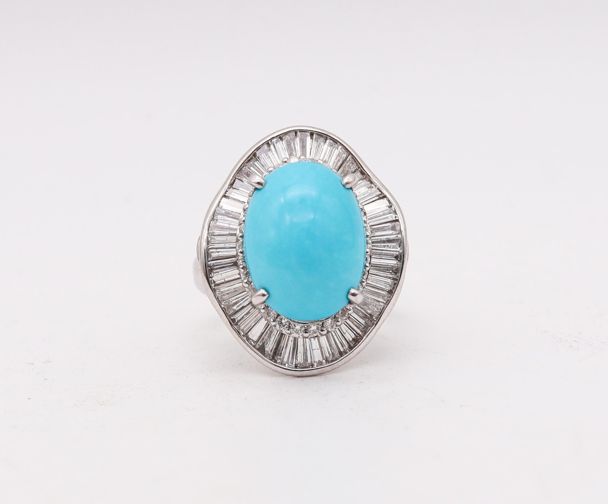 Modernist Ballerina Cocktail Ring In Solid Platinum With 10.02 Ctw Diamonds And Turquoise For Sale