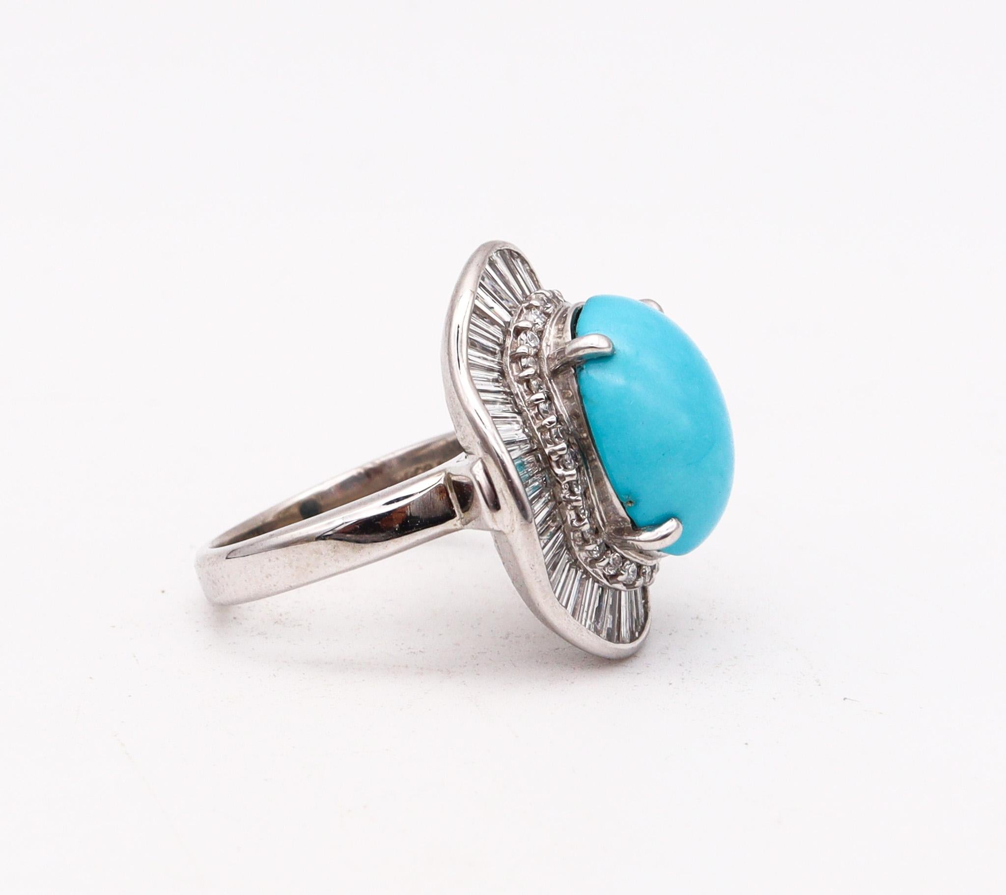 Baguette Cut Ballerina Cocktail Ring In Solid Platinum With 10.02 Ctw Diamonds And Turquoise For Sale