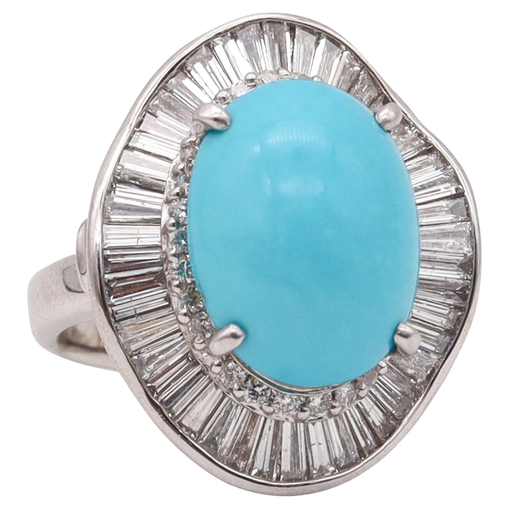Ballerina Cocktail Ring In Solid Platinum With 10.02 Ctw Diamonds And Turquoise For Sale