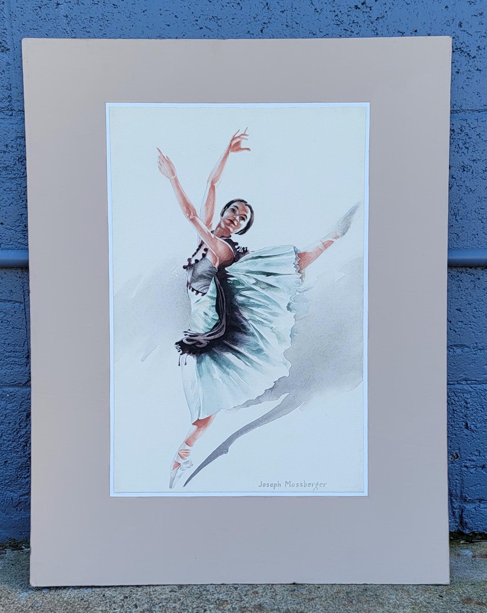 Original watercolor painting of a dancing ballerina. Work on paper mounted to cardboard. Unframed. Signed 