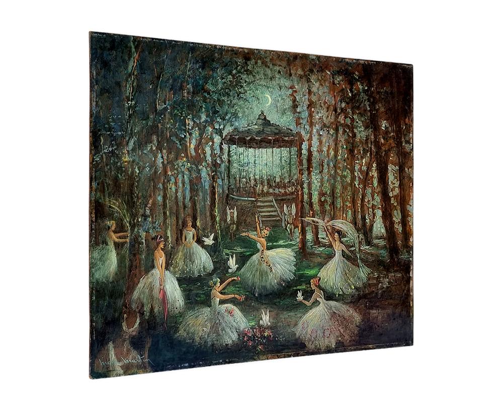 Original composition of 7 Ballerinas with doves dancing in the moonlight in front of a bandstand. Oil on fiberboard panel, dated 1965. Painted by Belgian artist Mona Martin (20th century), renowned in the 60s for her floral and poetic compositions.