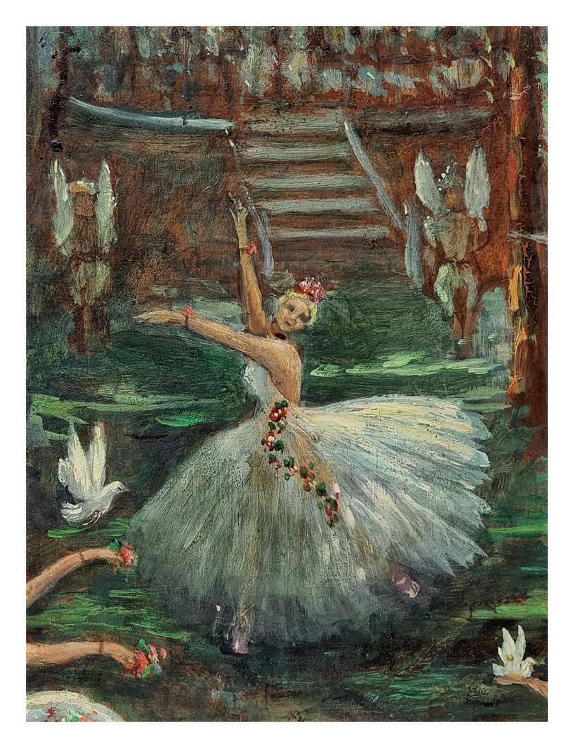 Romantic Ballerina Dancing In The Moonlight Signed Mona Martin, Oil Painting circa 1965