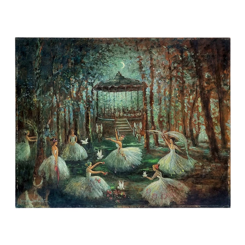 Ballerina Dancing In The Moonlight Signed Mona Martin, Oil Painting circa 1965