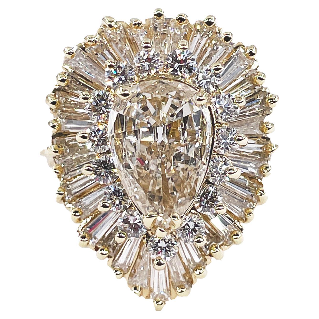 Ballerina GIA 4.21ct Pear Shape Diamond Cocktail 18K Yellow Gold Vintage Ring