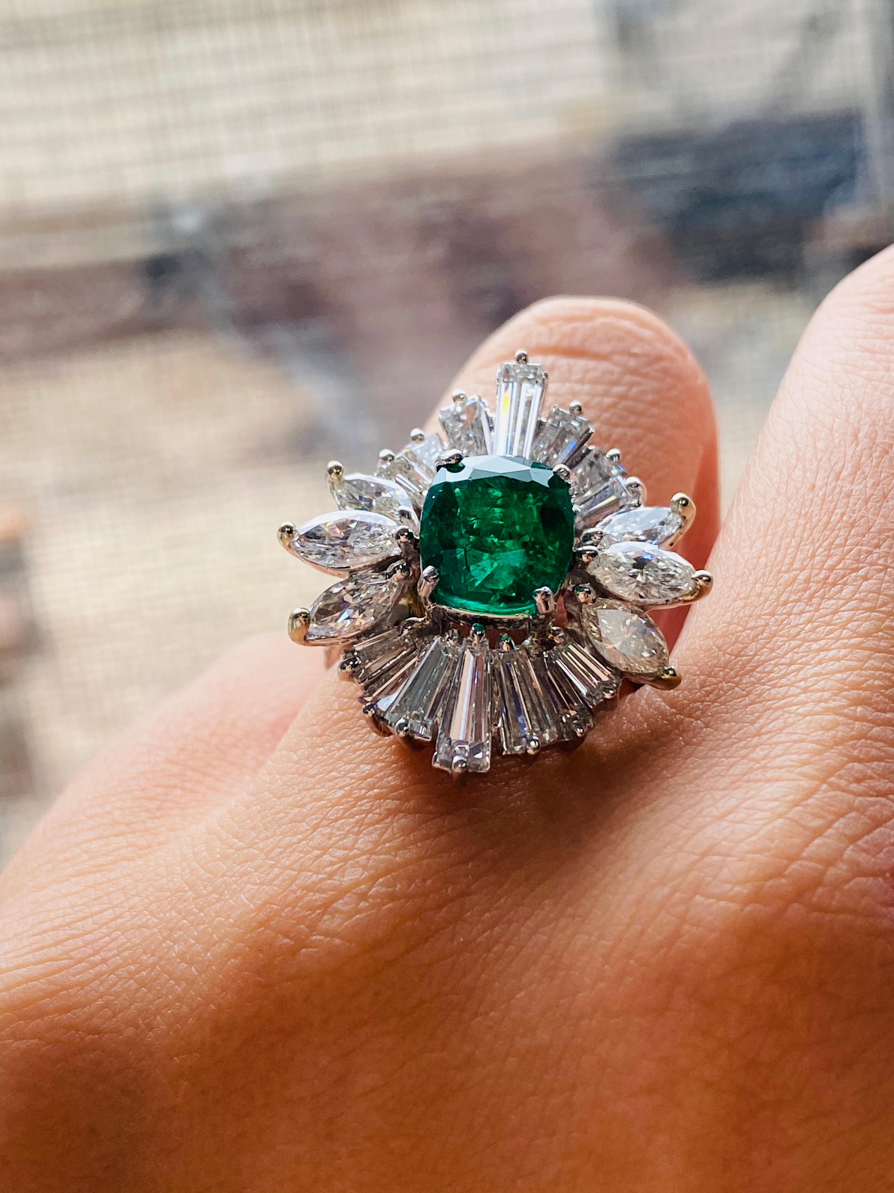 Emerald Cut Ballerina Green Emerald and Diamond Ring For Sale