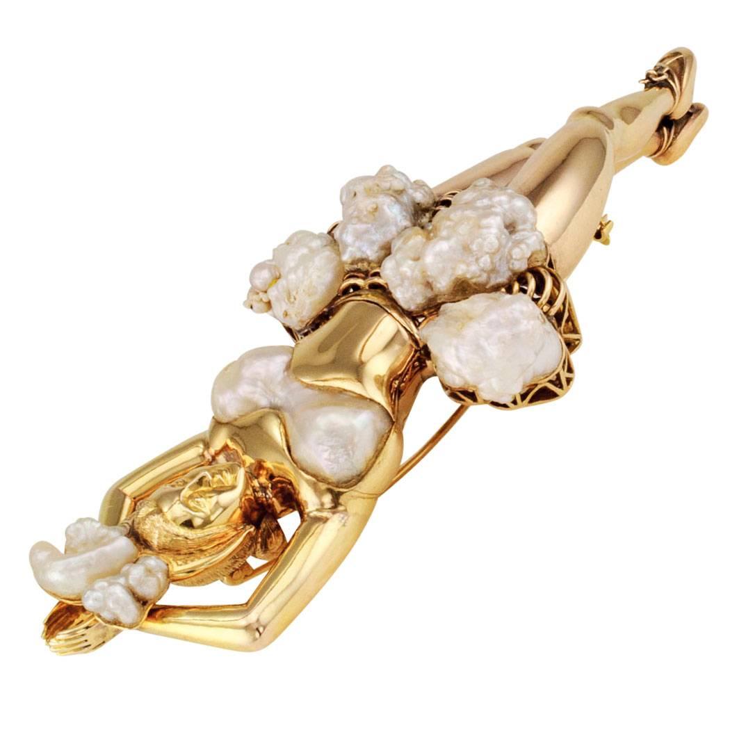 Ballerina Pearl Brooch Attributed to Paul Flato, circa 1940. Exquisite attention to detail and impeccable workmanship are the hallmarks of this magnificent and large ballerina brooch. It is three-dimensional, perfectly proportioned and handcrafted