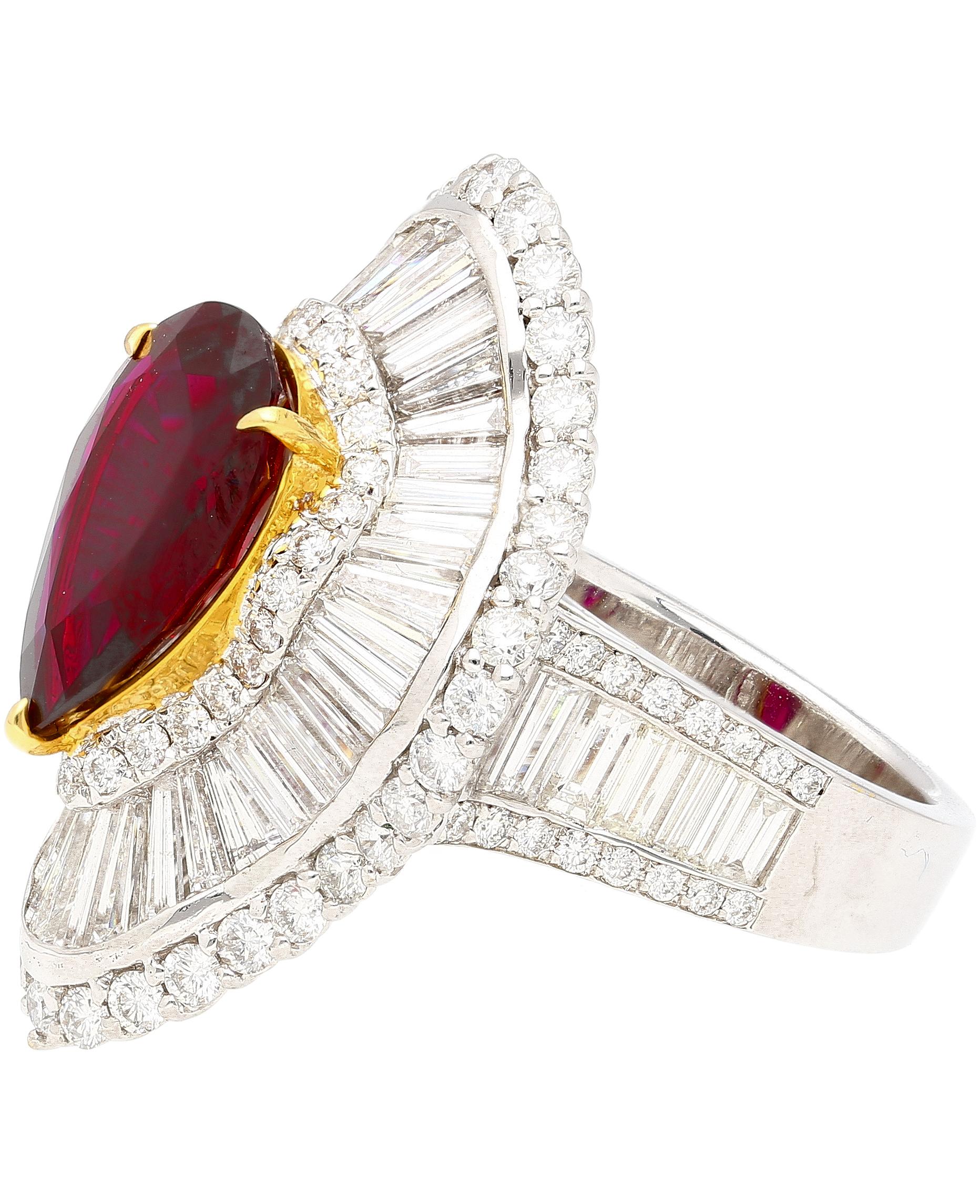 Baroque Ballerina Ring 5.3 Carat Pear Cut Siam Ruby & Baguette Diamond 18k White Gold For Sale