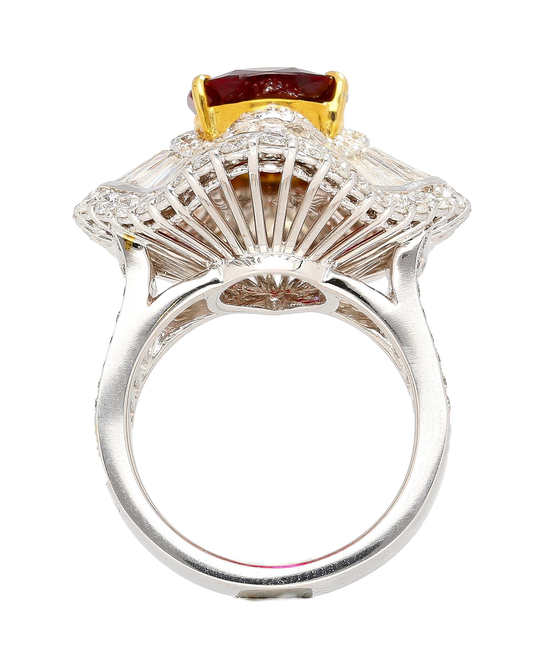 Ballerina Ring 5.3 Carat Pear Cut Siam Ruby & Baguette Diamond 18k White Gold In New Condition For Sale In Miami, FL