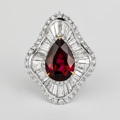 Ballerina Ring 5.3 Carat Pear Cut Siam Ruby & Baguette Diamond 18k White Gold