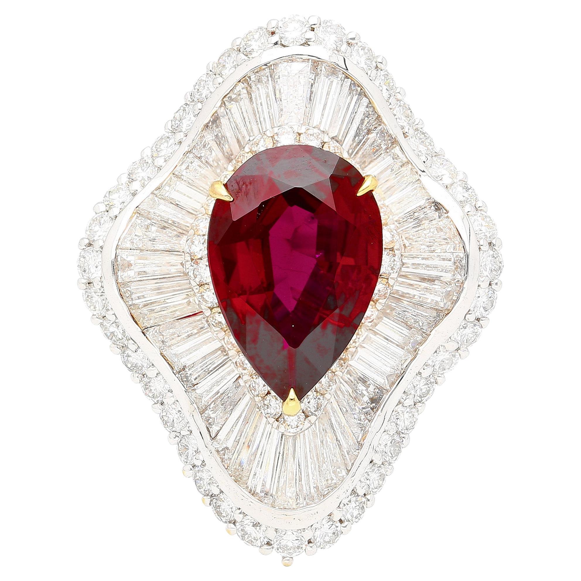 Ballerina Ring 5.3 Carat Pear Cut Siam Ruby & Baguette Diamond 18k White Gold For Sale