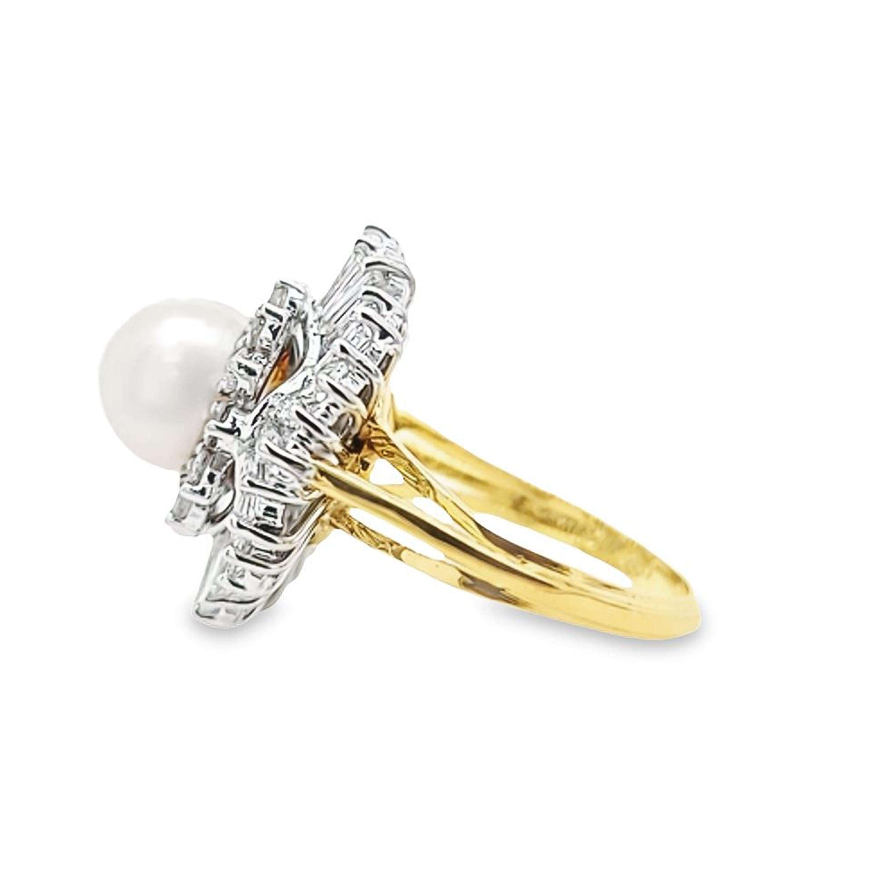 Ballerina Ring mit 9 mm Perlen und Diamanten im Baguetteschliff im Zustand „Gut“ im Angebot in Coral Gables, FL
